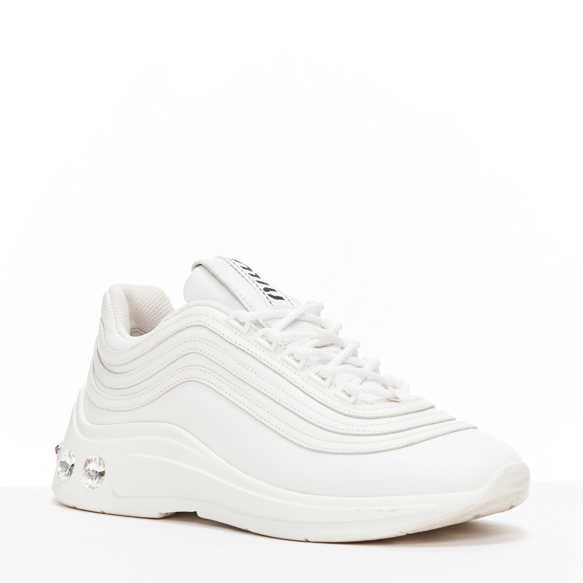 Miu Miu MIU MIU white leather logo tongue clear big crystal heels chunky sneakers EU38 Size US 8 / IT 38 - 3 Thumbnail
