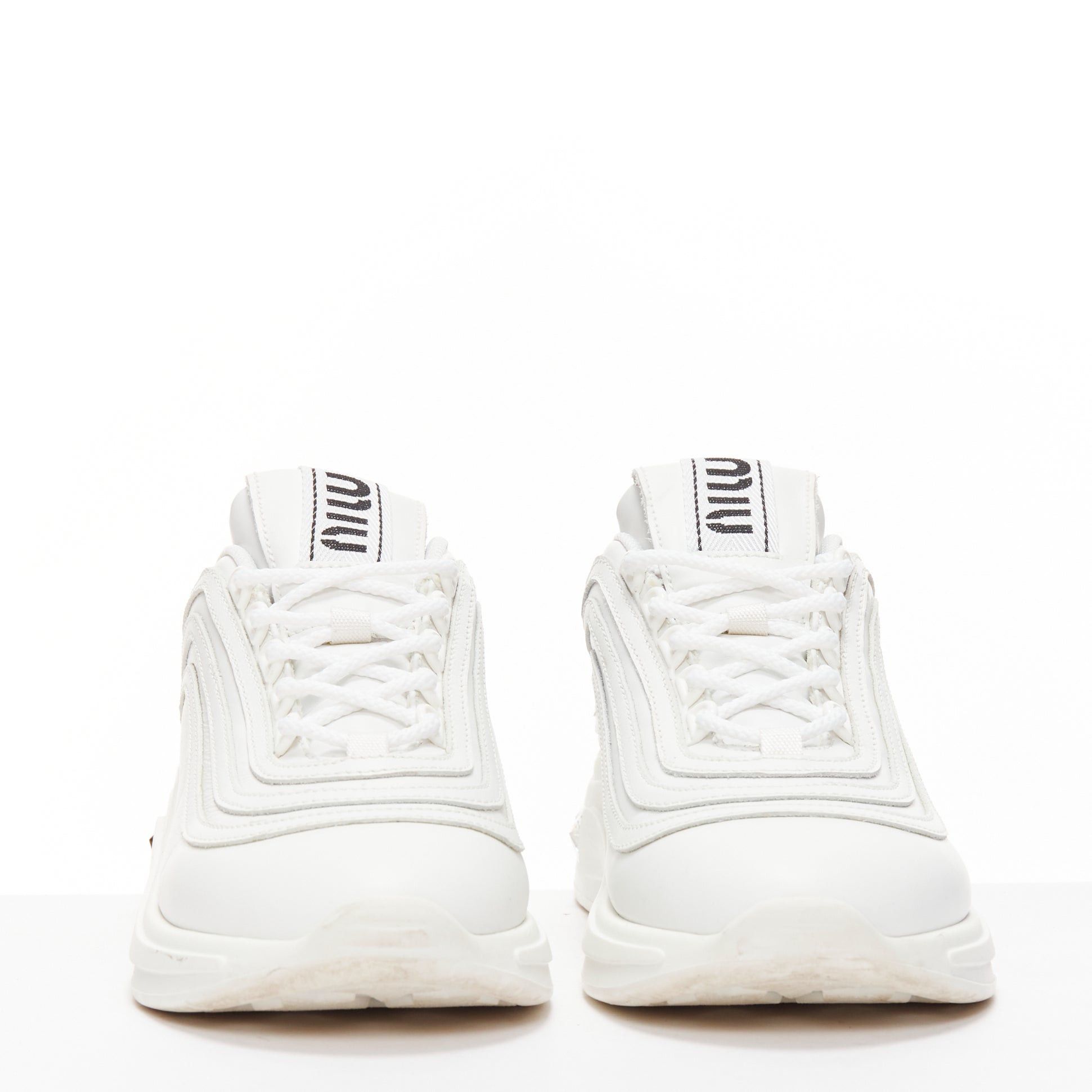 Miu Miu MIU MIU white leather logo tongue clear big crystal heels chunky sneakers EU38 Size US 8 / IT 38 - 4 Thumbnail