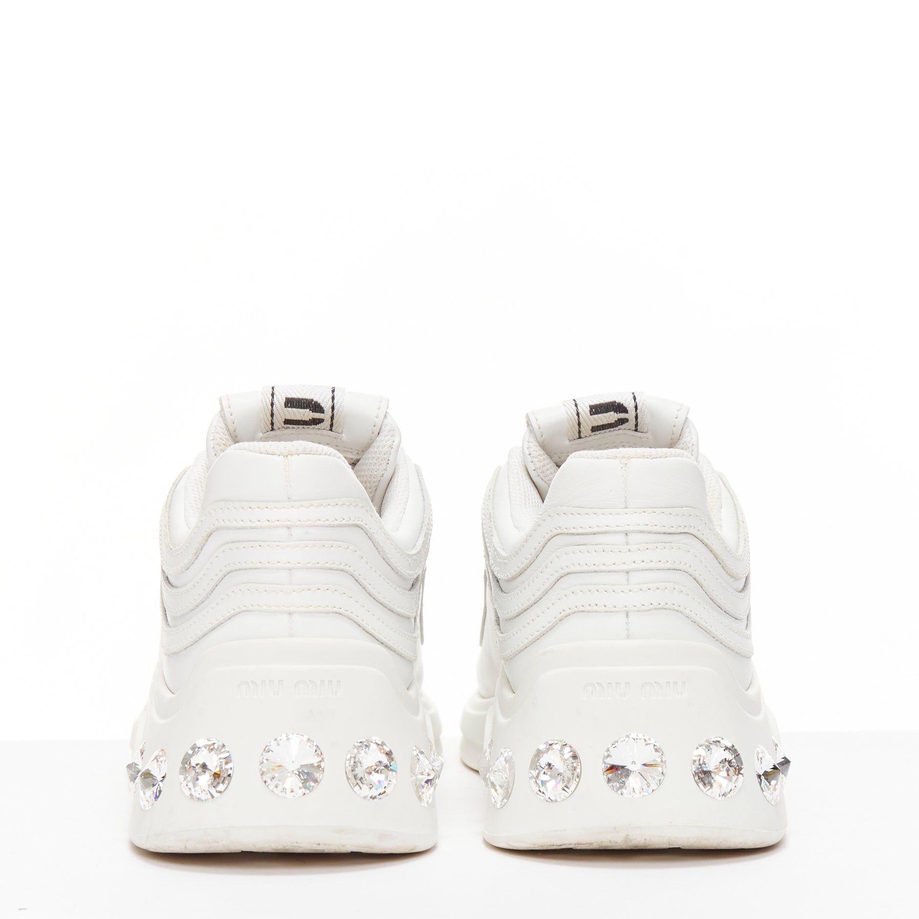 Miu Miu MIU MIU white leather logo tongue clear big crystal heels chunky sneakers EU38 Size US 8 / IT 38 - 6 Thumbnail