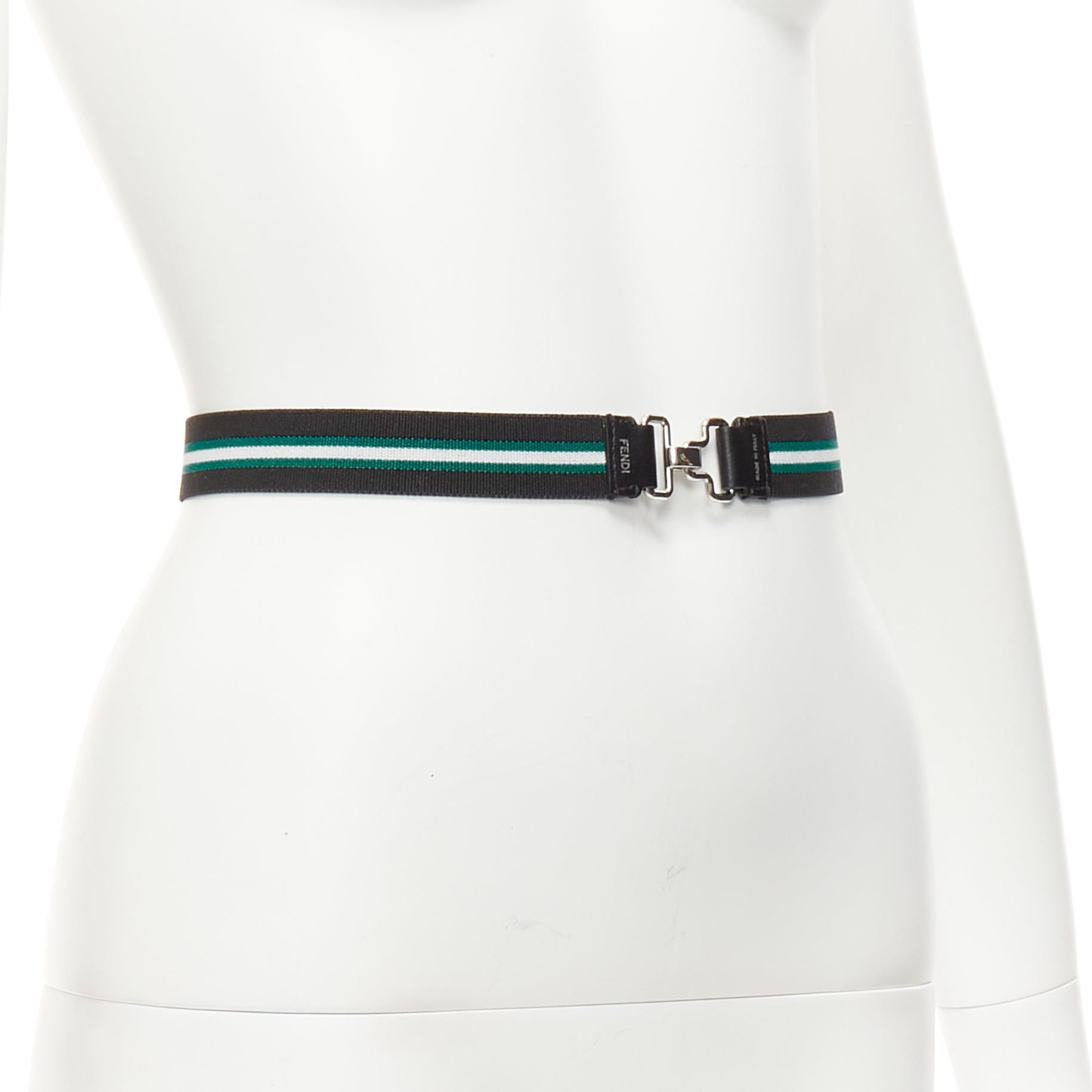 Fendi FENDI silver logo black green stripe stretch fabric leather skinny belt Size ONE SIZE - 3 Thumbnail