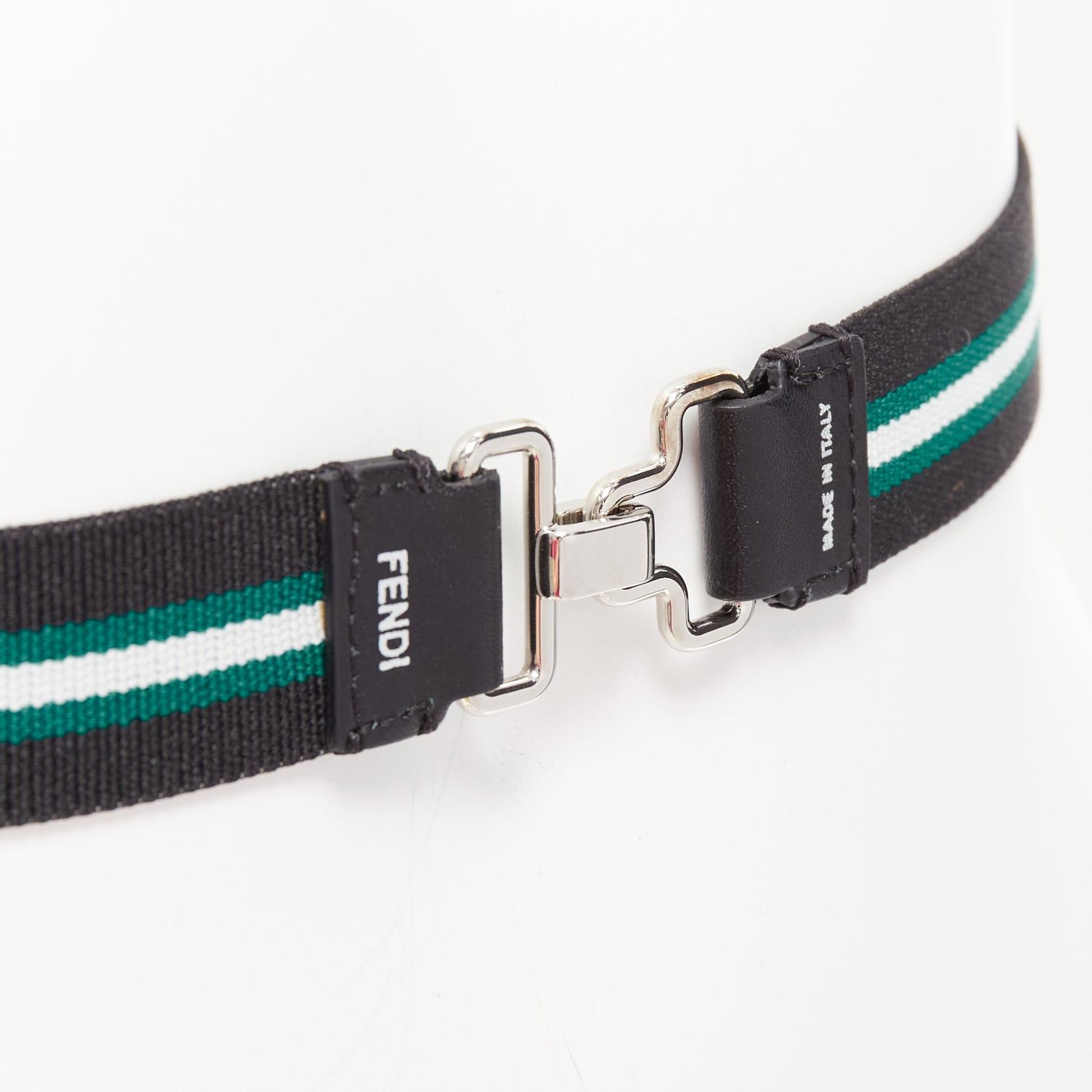 Fendi FENDI silver logo black green stripe stretch fabric leather skinny belt Size ONE SIZE - 2 Thumbnail
