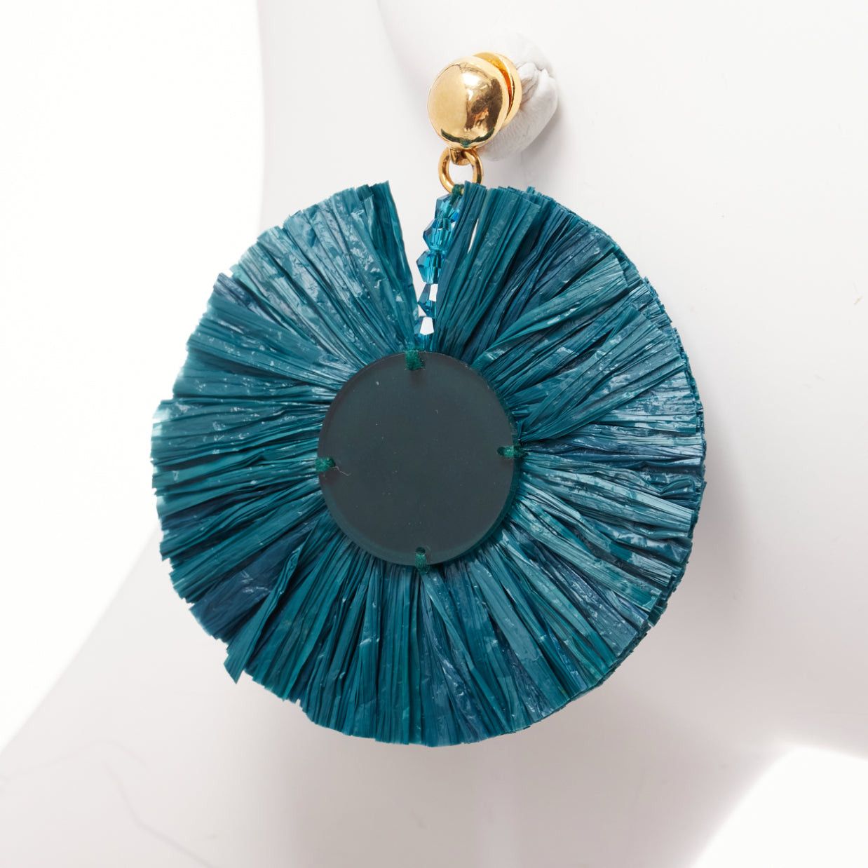 Oscar De La Renta OSCAR DE LA RENTA dark green raffia acrylic plate round pin earrings Size ONE SIZE - 4 Thumbnail