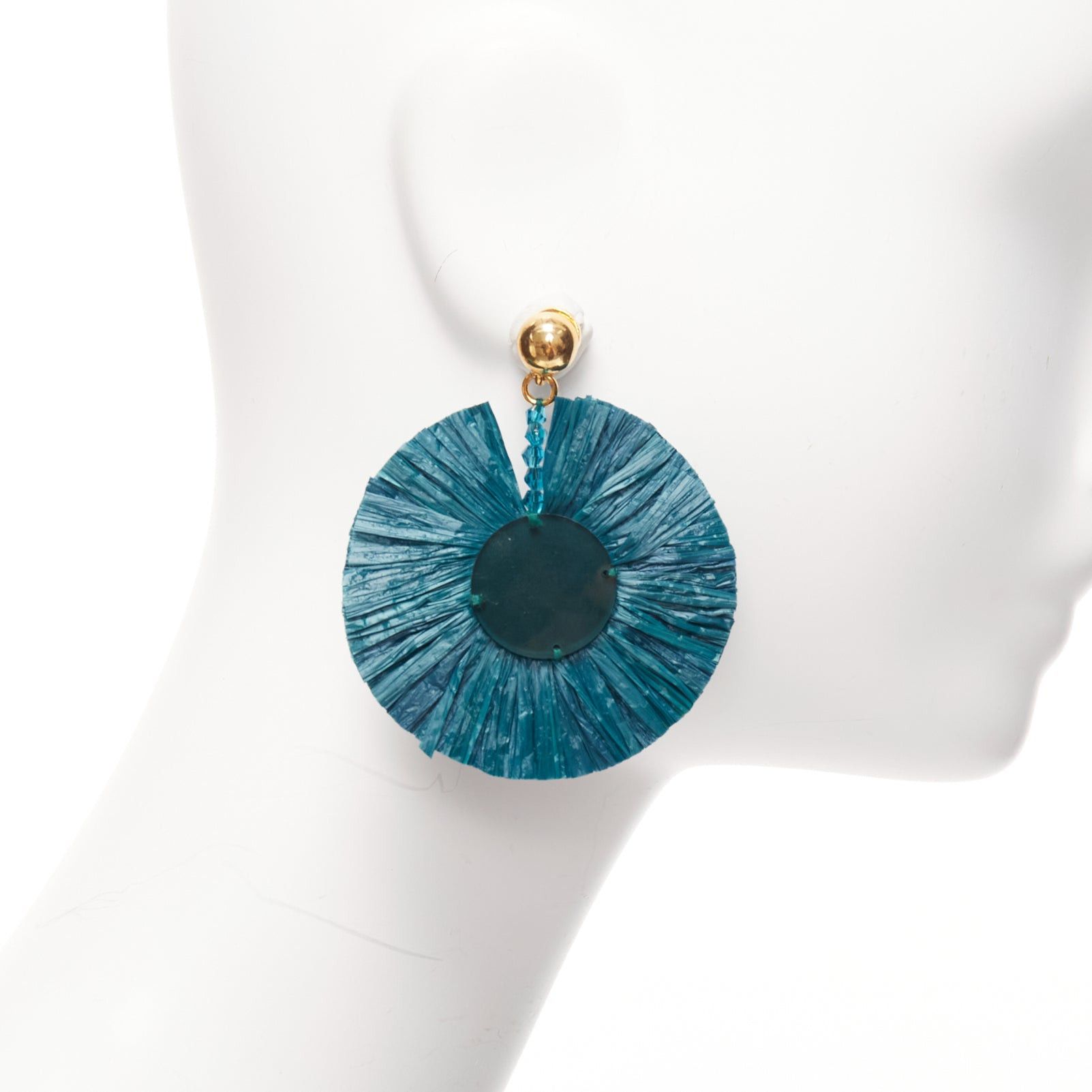 Oscar De La Renta OSCAR DE LA RENTA dark green raffia acrylic plate round pin earrings Size ONE SIZE - 3 Thumbnail