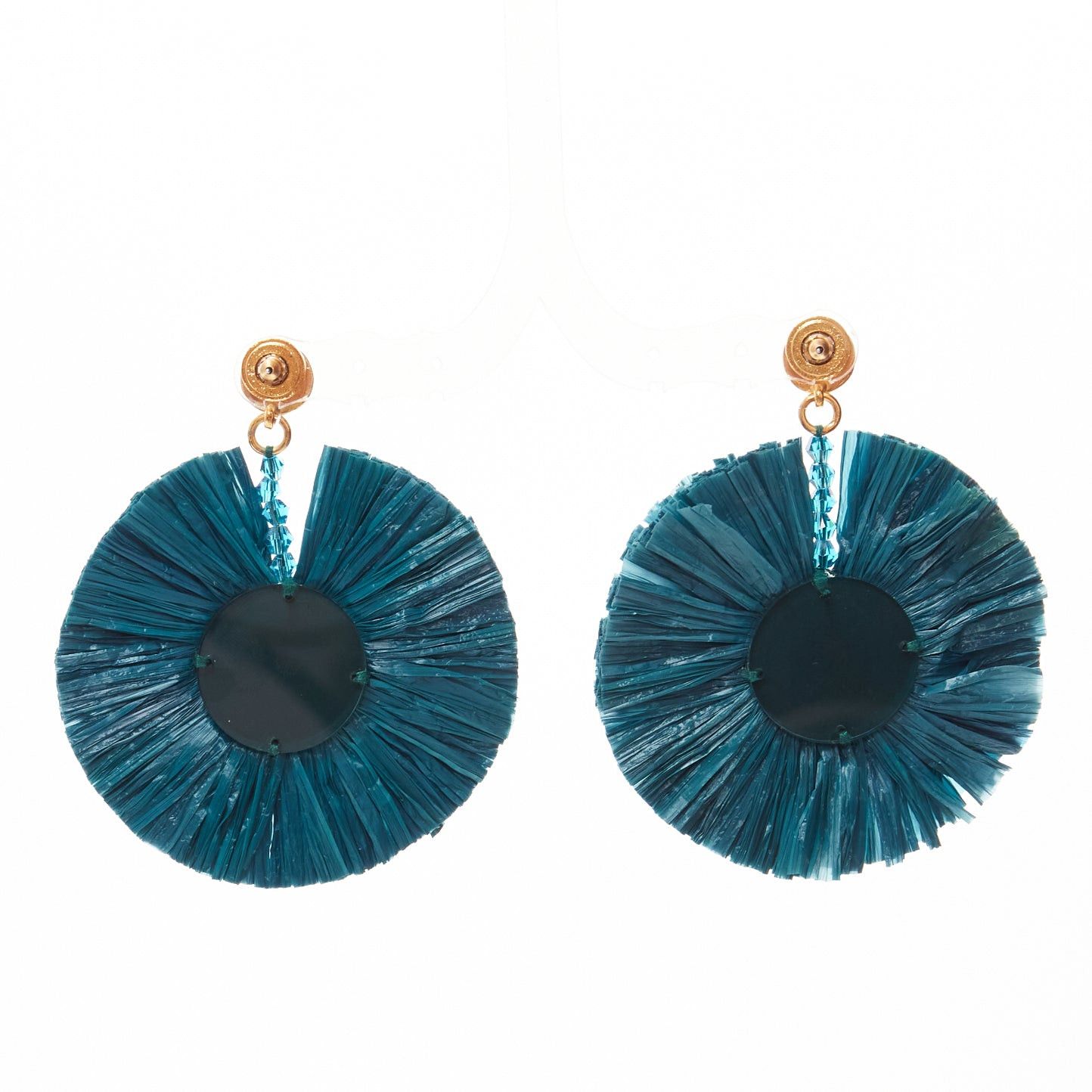 Oscar De La Renta OSCAR DE LA RENTA dark green raffia acrylic plate round pin earrings Size ONE SIZE - 5 Thumbnail
