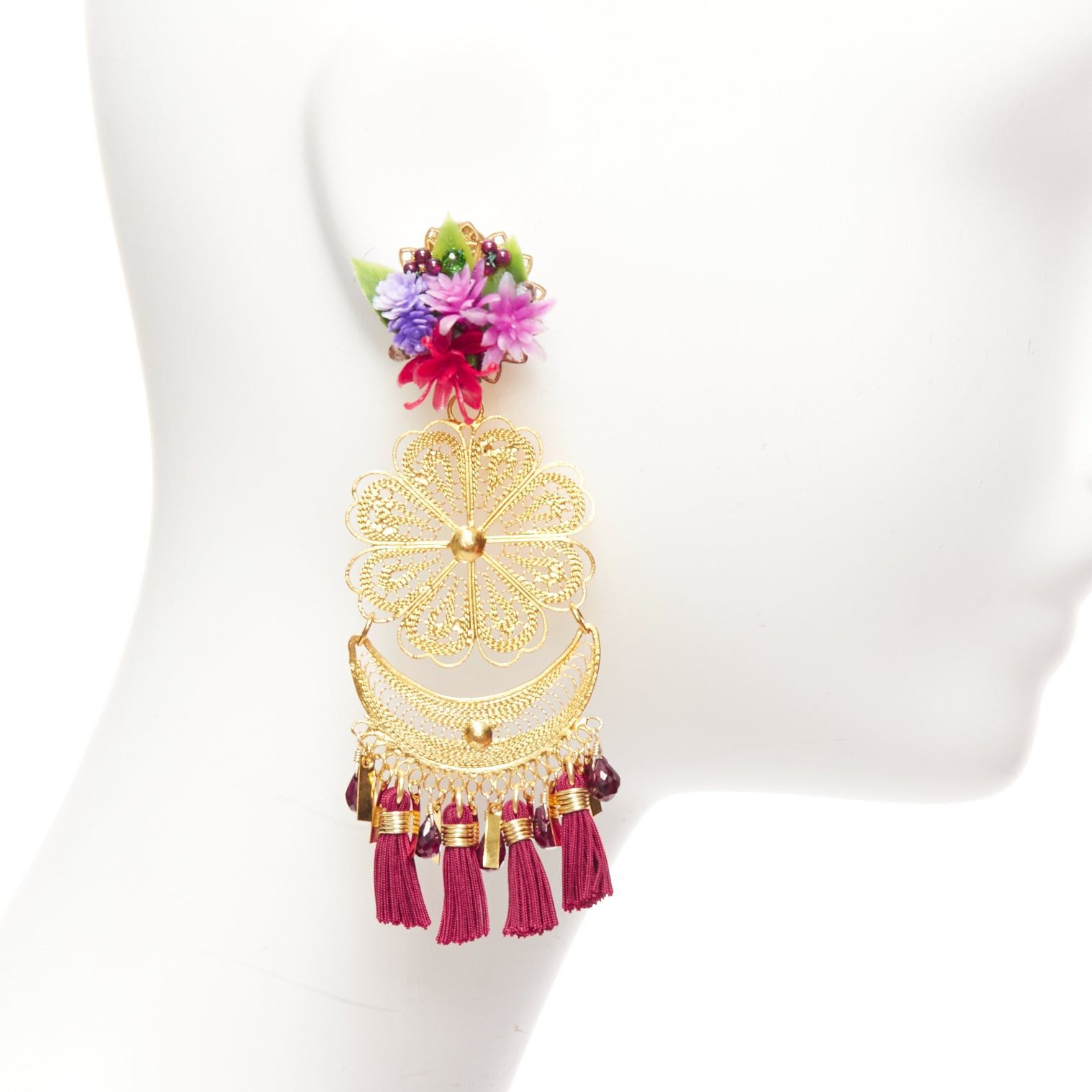 Other MERCEDES SALAZAR gold flower metal red tassel plastic clip earrings Pair Size ONE SIZE - 4 Thumbnail
