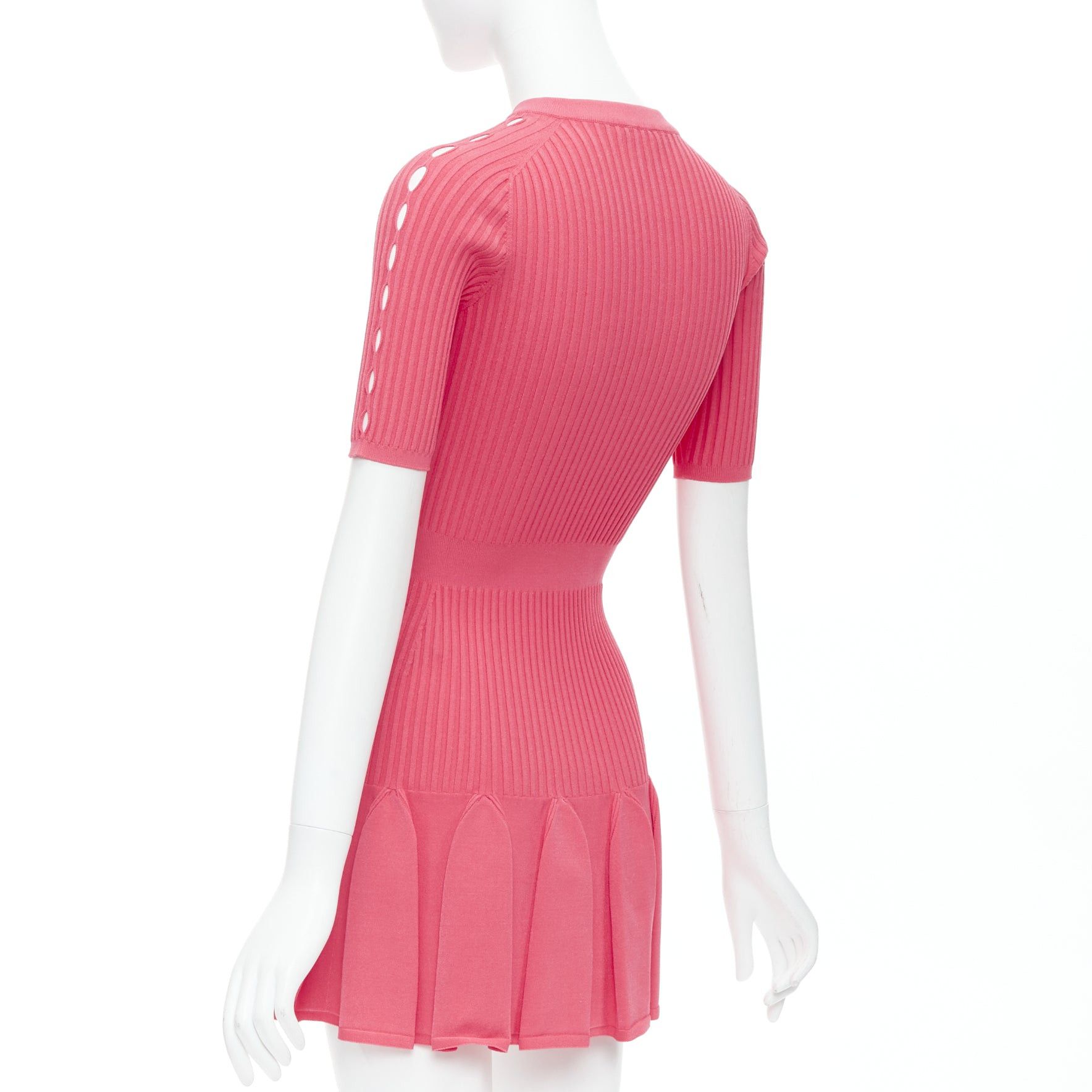 Balmain BALMAIN coral pink keyhole neck ribbed flutter skirt mini dress FR34 XS Size XS / US 0-2 / IT 36-38 - 6 Thumbnail