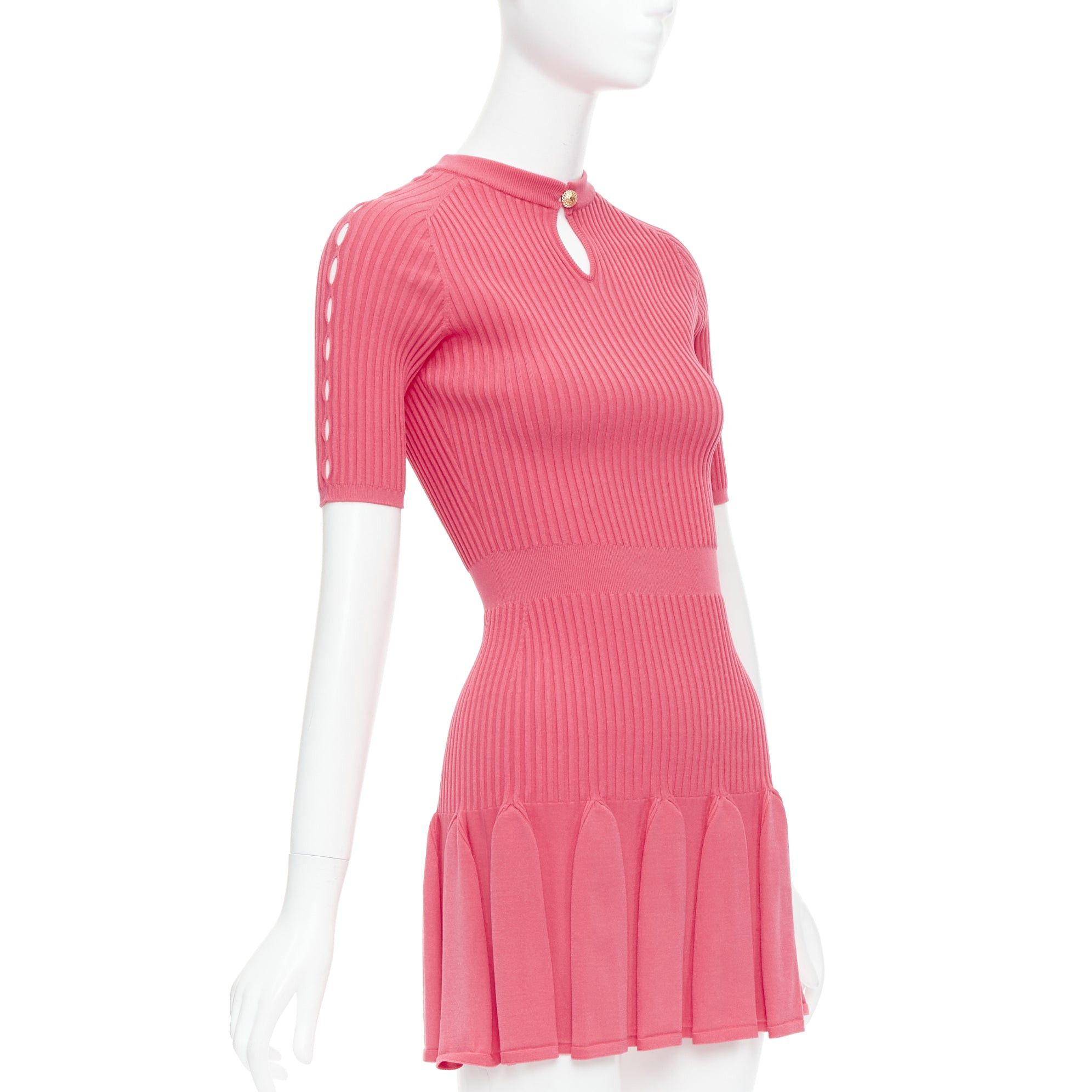 Balmain BALMAIN coral pink keyhole neck ribbed flutter skirt mini dress FR34 XS Size XS / US 0-2 / IT 36-38 - 3 Thumbnail