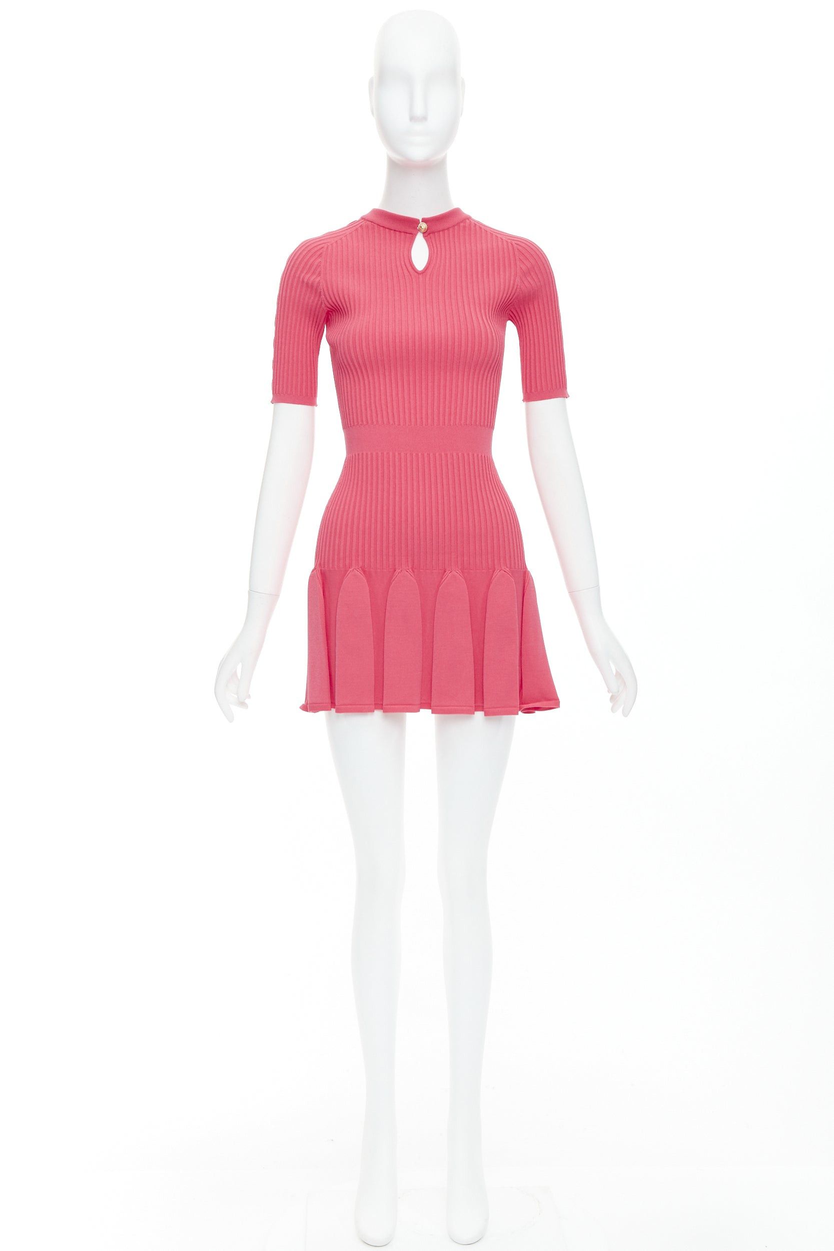 Balmain BALMAIN coral pink keyhole neck ribbed flutter skirt mini dress FR34 XS Size XS / US 0-2 / IT 36-38 - 9 Thumbnail