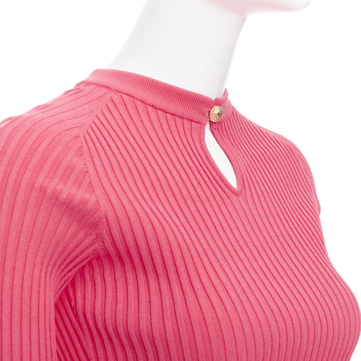 Balmain BALMAIN coral pink keyhole neck ribbed flutter skirt mini dress FR34 XS Size XS / US 0-2 / IT 36-38 - 7 Thumbnail