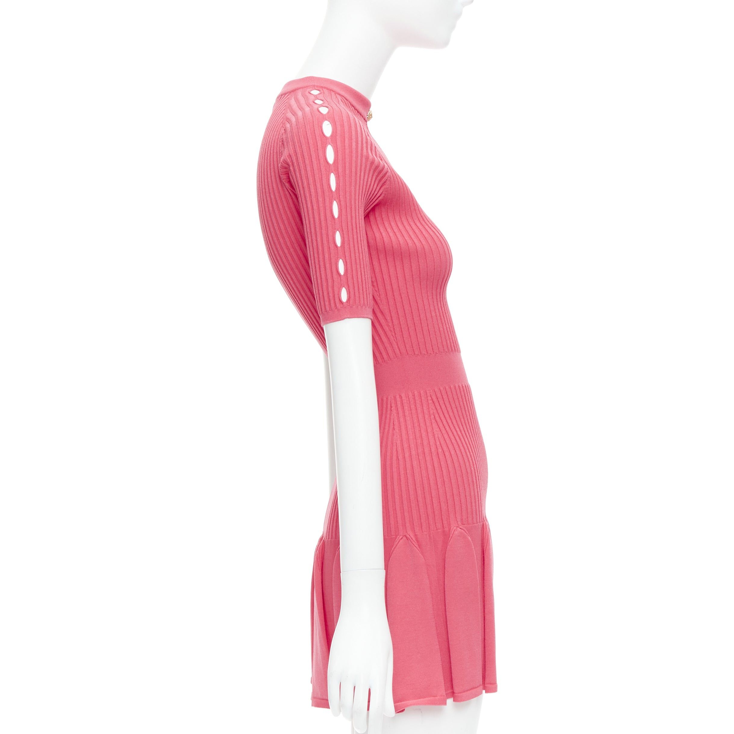 Balmain BALMAIN coral pink keyhole neck ribbed flutter skirt mini dress FR34 XS Size XS / US 0-2 / IT 36-38 - 4 Thumbnail