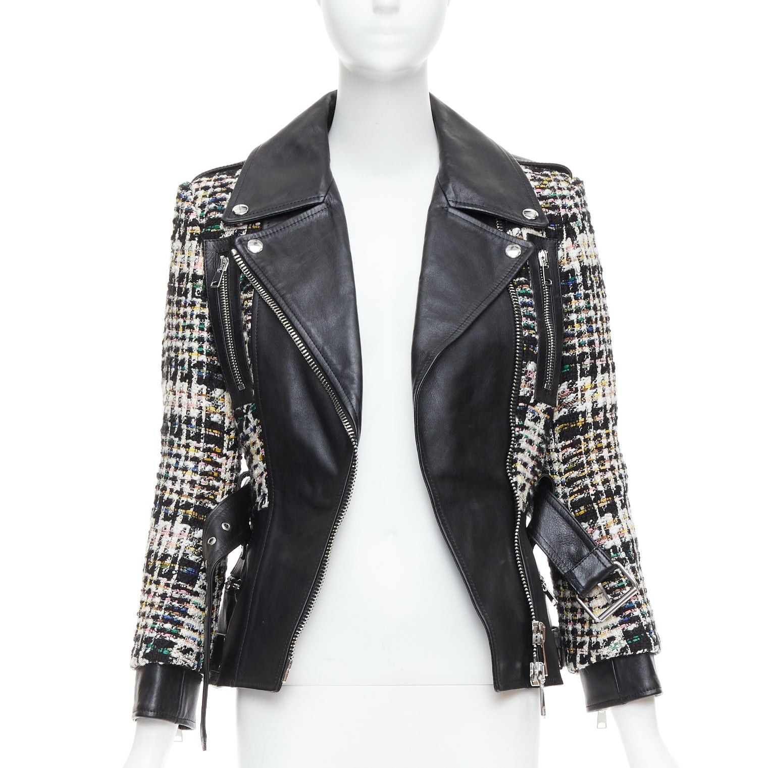 Alexander McQueen ALEXANDER MCQUEEN 2023 Hybrid punk black leather tweed biker jacket IT36 XXS Size XS / US 0-2 / IT 36-38 - 3 Thumbnail