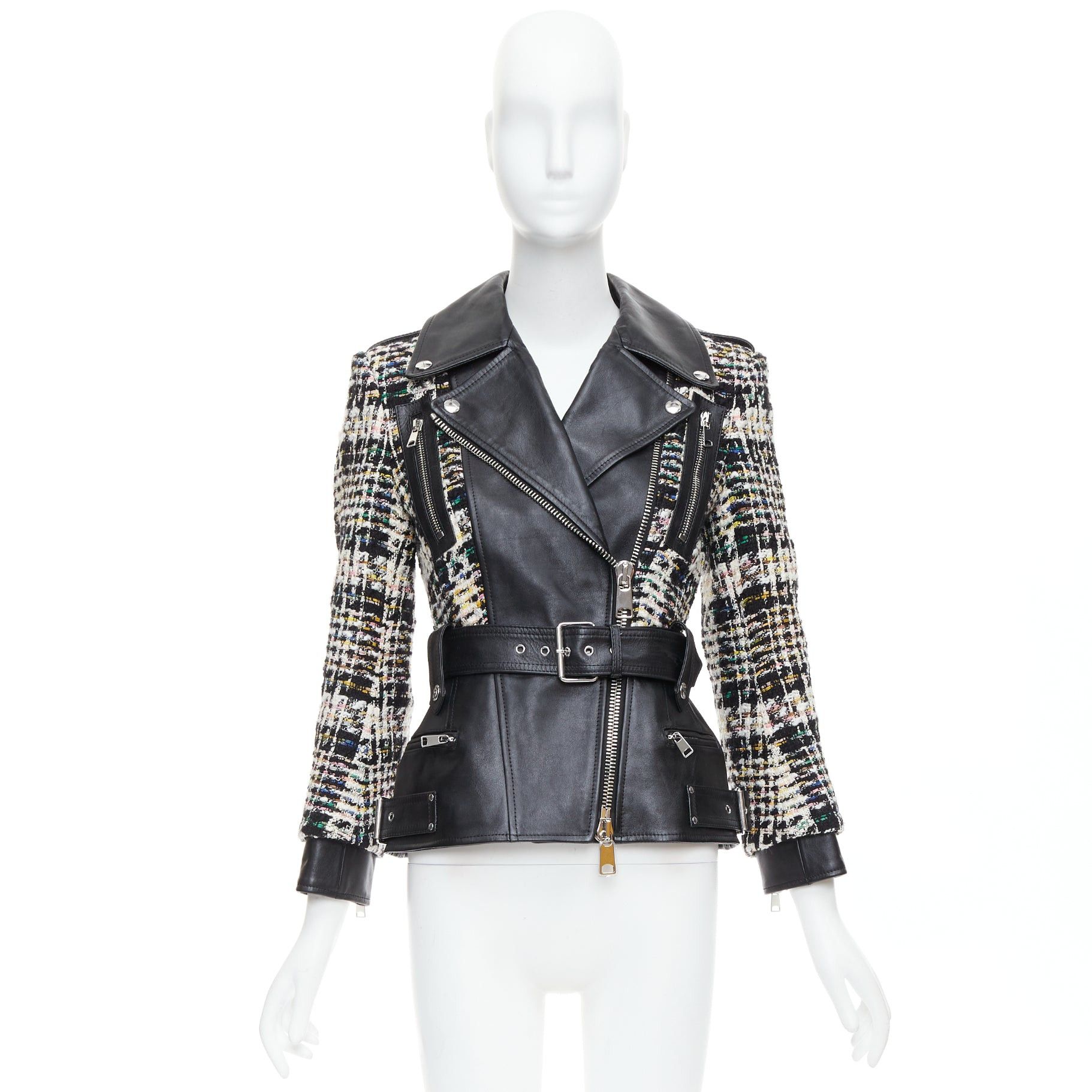 Alexander McQueen ALEXANDER MCQUEEN 2023 Hybrid punk black leather tweed biker jacket IT36 XXS Size XS / US 0-2 / IT 36-38 - 9 Thumbnail