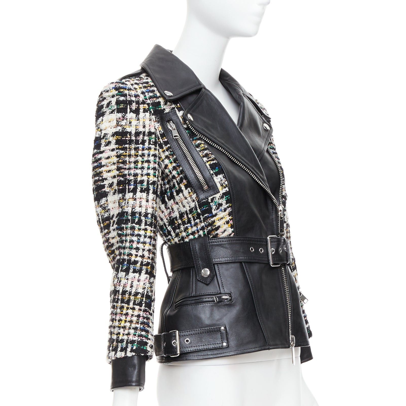 Alexander McQueen ALEXANDER MCQUEEN 2023 Hybrid punk black leather tweed biker jacket IT36 XXS Size XS / US 0-2 / IT 36-38 - 4 Thumbnail