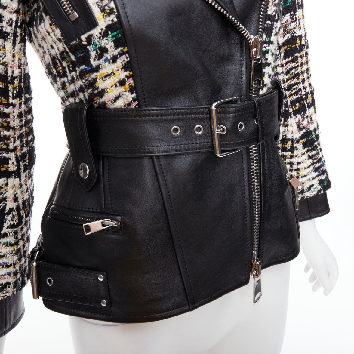 Alexander McQueen ALEXANDER MCQUEEN 2023 Hybrid punk black leather tweed biker jacket IT36 XXS Size XS / US 0-2 / IT 36-38 - 2 Thumbnail