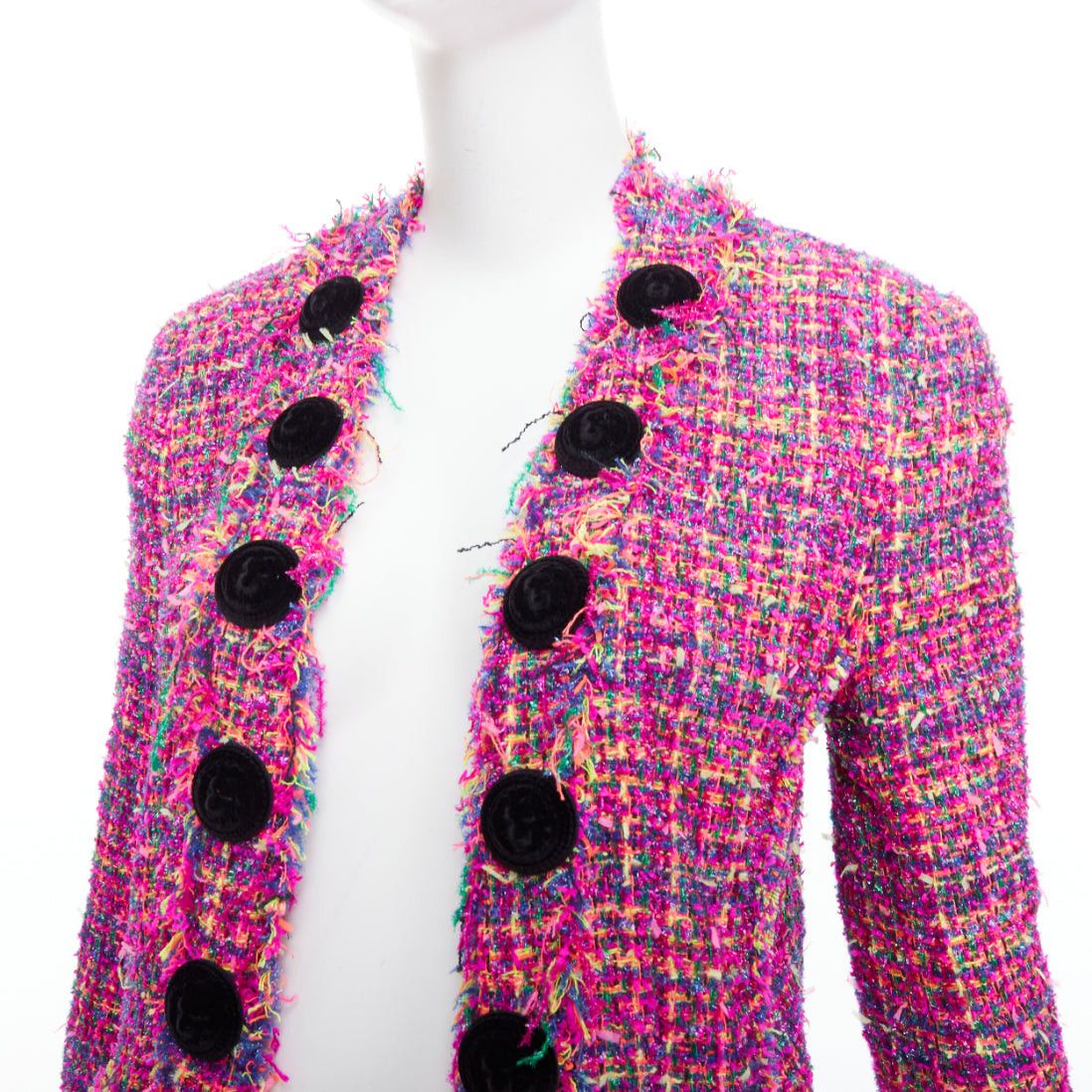 Balmain BALMAIN multicolor pink tweed black velvet buttons crop jacket FR34 XS Size XS / US 0-2 / IT 36-38 - 2 Thumbnail