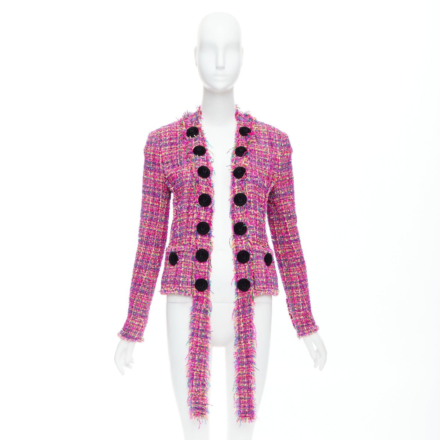 Balmain BALMAIN multicolor pink tweed black velvet buttons crop jacket FR34 XS Size XS / US 0-2 / IT 36-38 - 9 Thumbnail