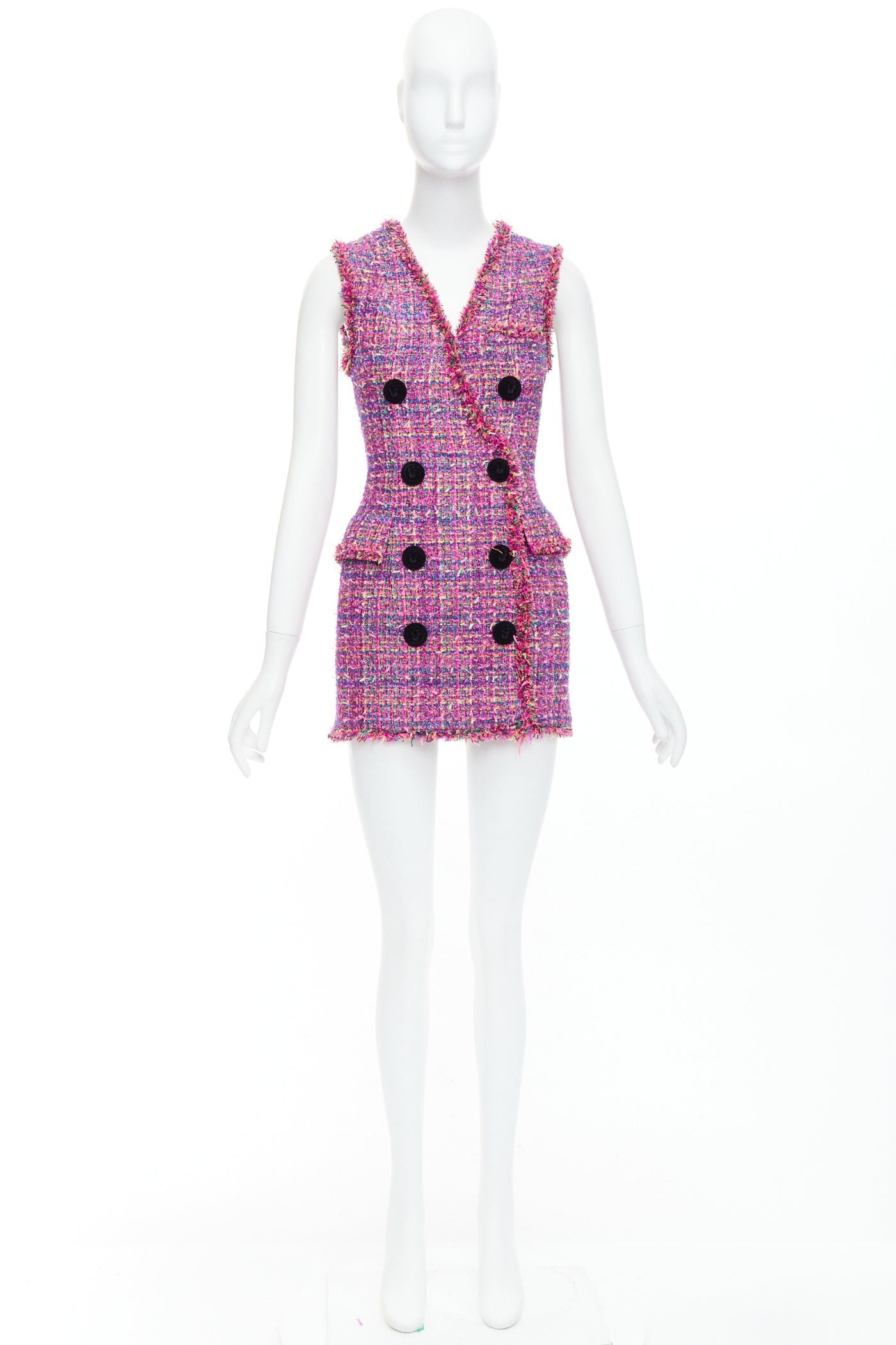 Balmain BALMAIN multicolor pink tweed black velvet buttons vest dress FR34 XS Size XS / US 0-2 / IT 36-38 - 9 Thumbnail