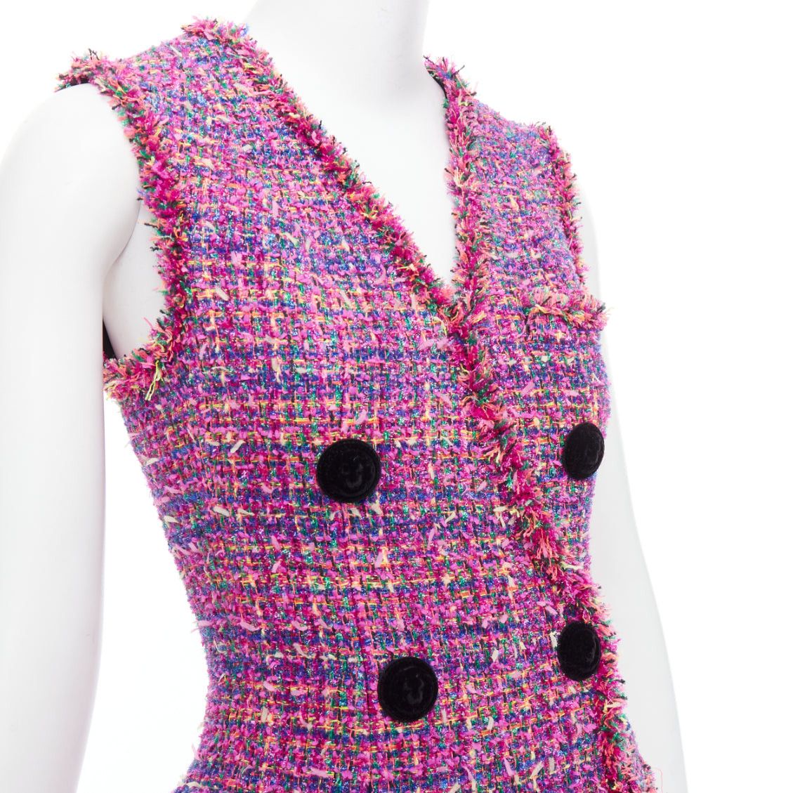 Balmain BALMAIN multicolor pink tweed black velvet buttons vest dress FR34 XS Size XS / US 0-2 / IT 36-38 - 2 Thumbnail