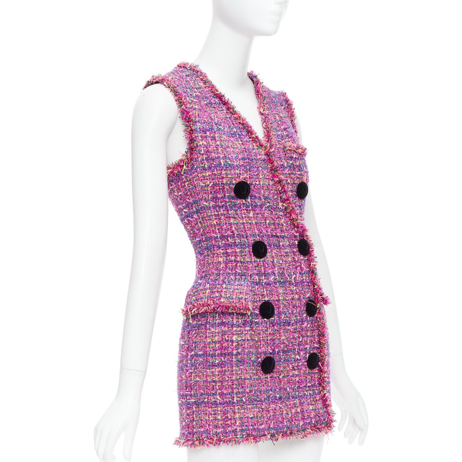Balmain BALMAIN multicolor pink tweed black velvet buttons vest dress FR34 XS Size XS / US 0-2 / IT 36-38 - 3 Thumbnail
