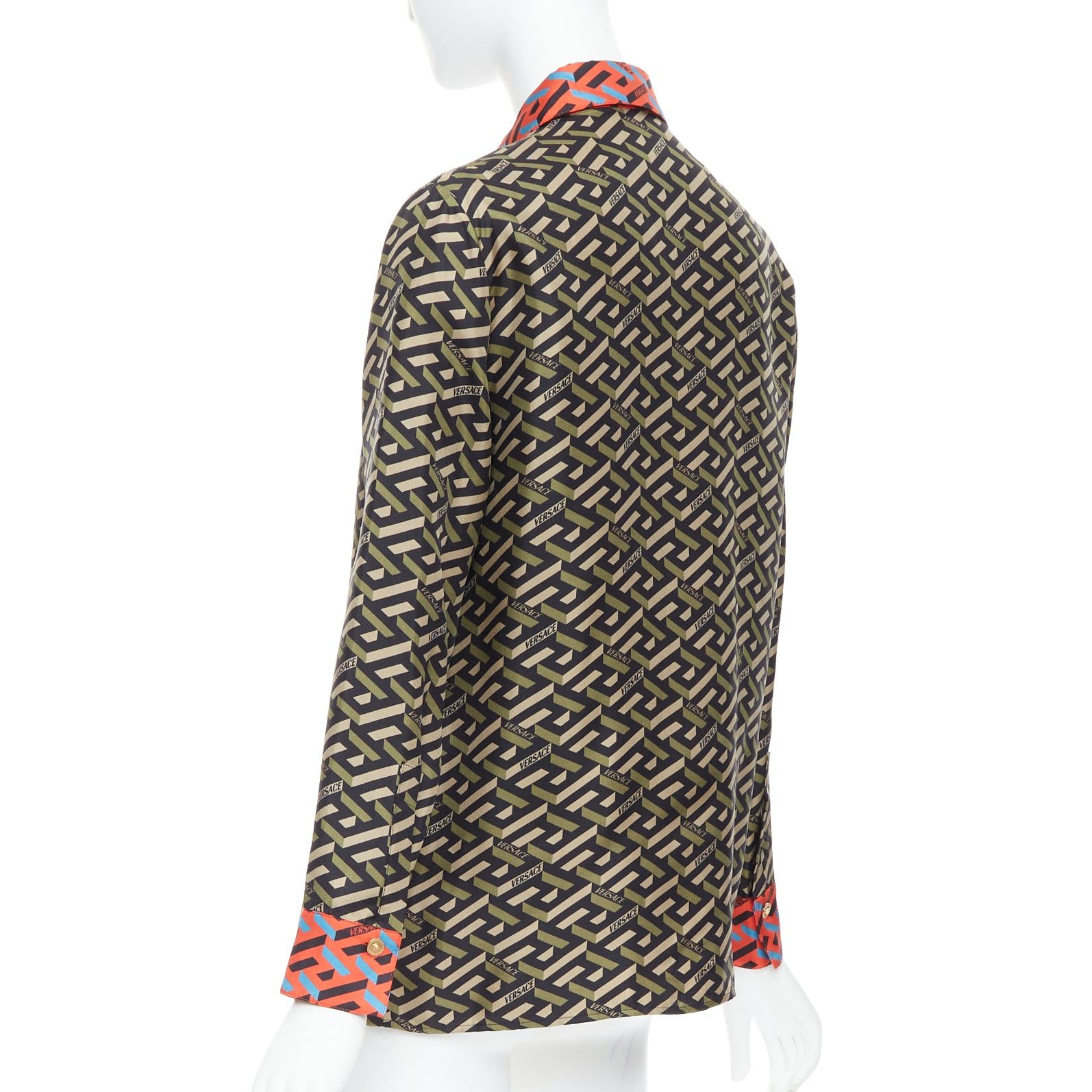Versace VERSACE La Greca 100% silk green red geometric print logo shirt IT36 XXS Size XS / US 0-2 / IT 36-38 - 6 Thumbnail
