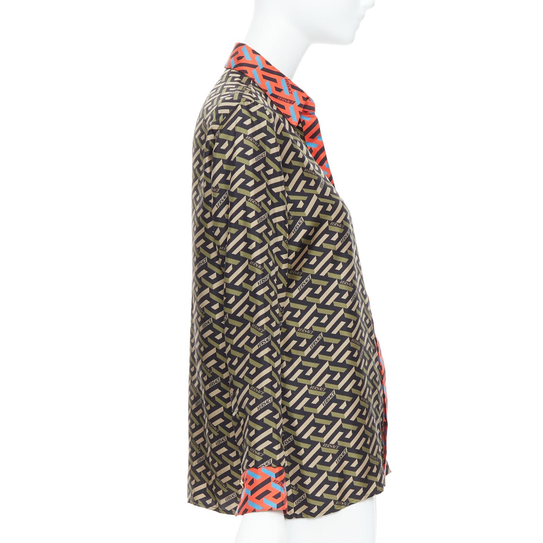 Versace VERSACE La Greca 100% silk green red geometric print logo shirt IT36 XXS Size XS / US 0-2 / IT 36-38 - 4 Thumbnail