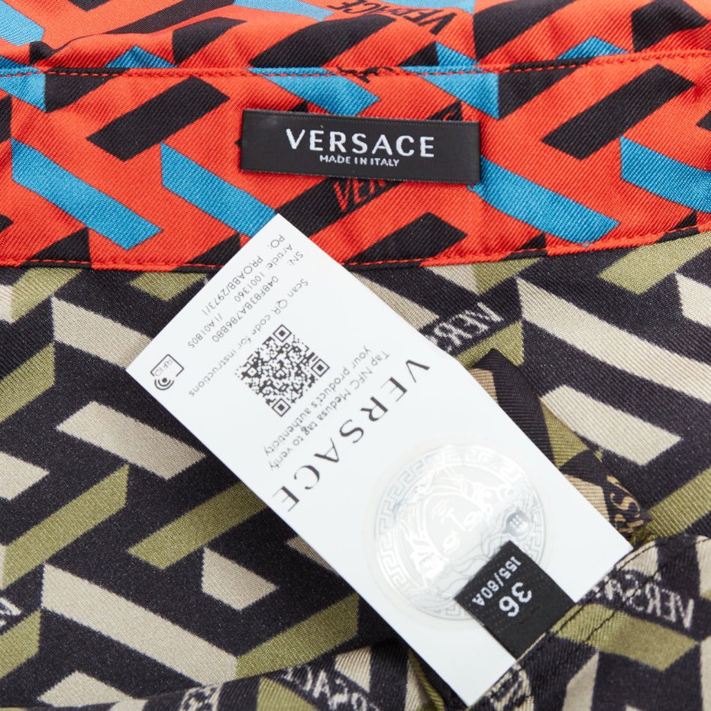 Versace VERSACE La Greca 100% silk green red geometric print logo shirt IT36 XXS Size XS / US 0-2 / IT 36-38 - 8 Thumbnail