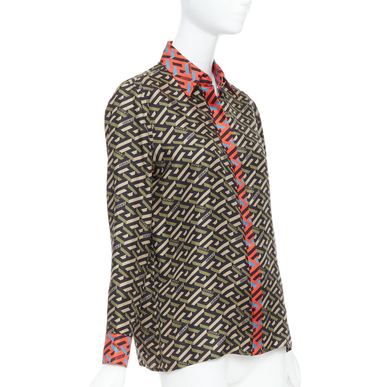 Versace VERSACE La Greca 100% silk green red geometric print logo shirt IT36 XXS Size XS / US 0-2 / IT 36-38 - 3 Thumbnail