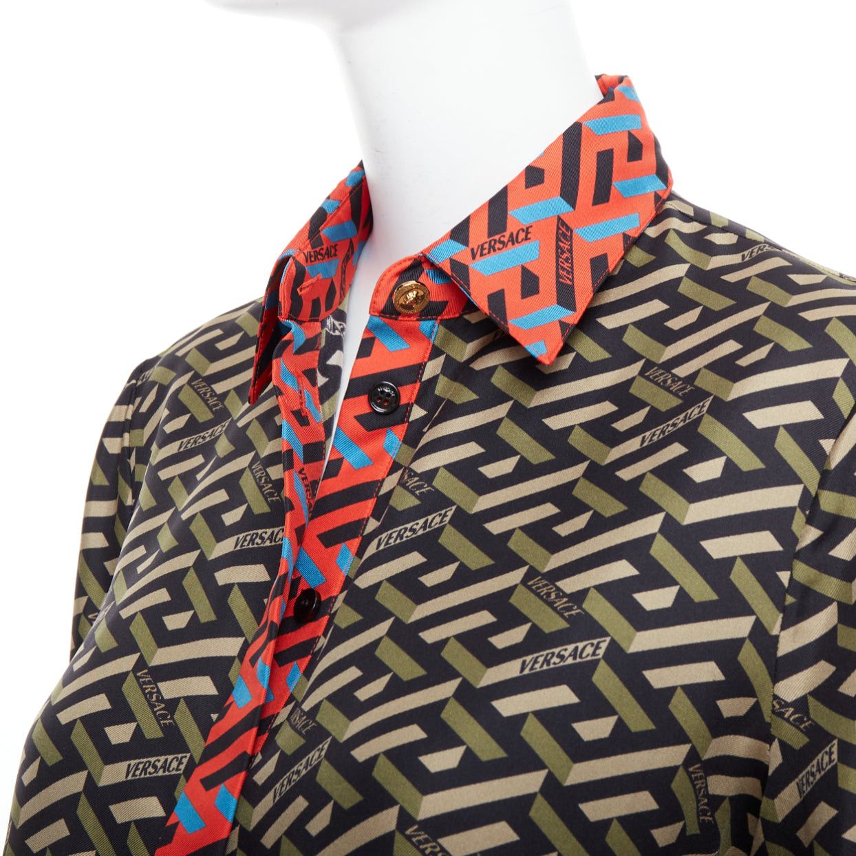 Versace VERSACE La Greca 100% silk green red geometric print logo shirt IT36 XXS Size XS / US 0-2 / IT 36-38 - 2 Thumbnail