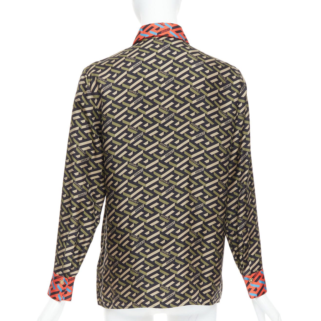 Versace VERSACE La Greca 100% silk green red geometric print logo shirt IT36 XXS Size XS / US 0-2 / IT 36-38 - 5 Thumbnail