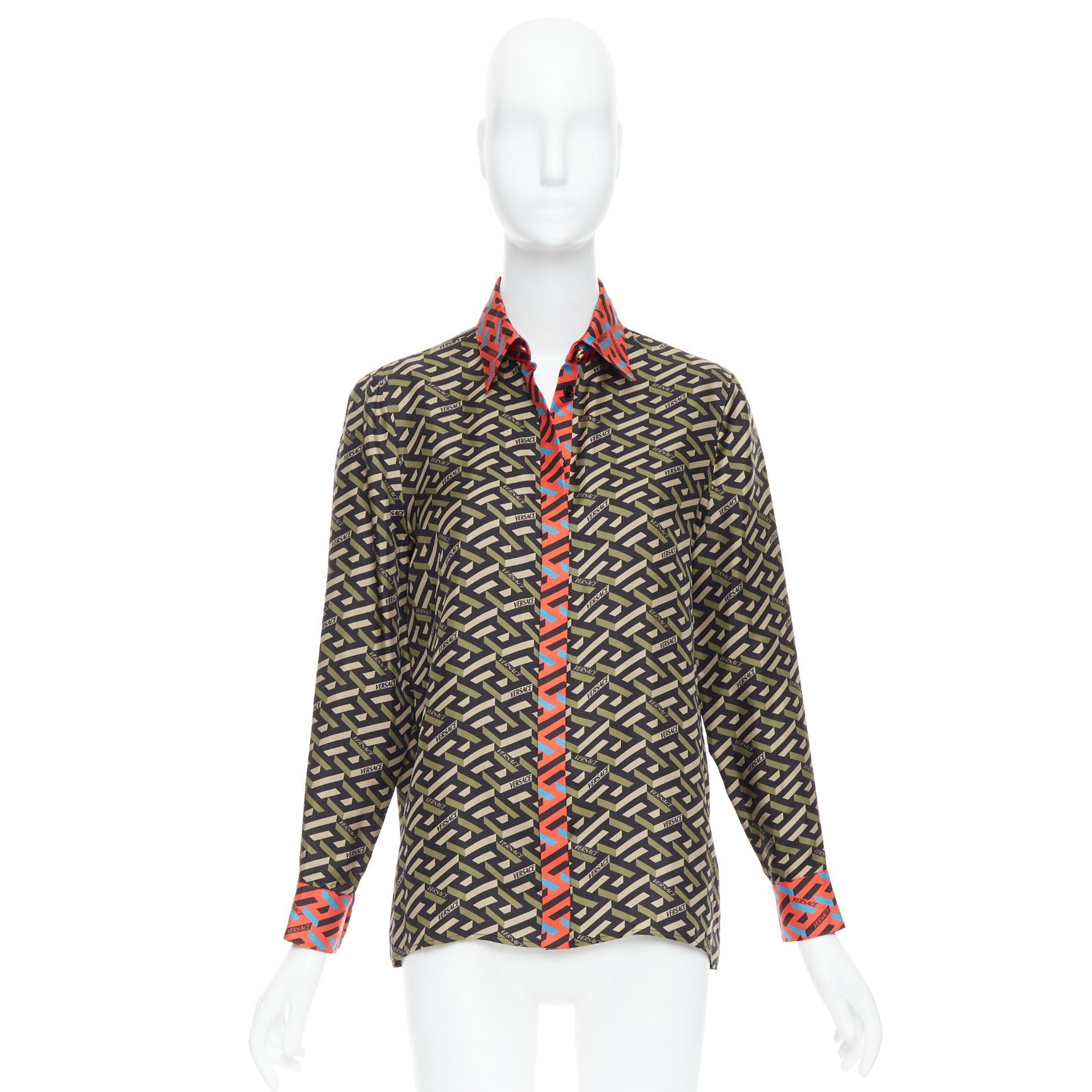 Versace VERSACE La Greca 100% silk green red geometric print logo shirt IT36 XXS Size XS / US 0-2 / IT 36-38 - 9 Thumbnail