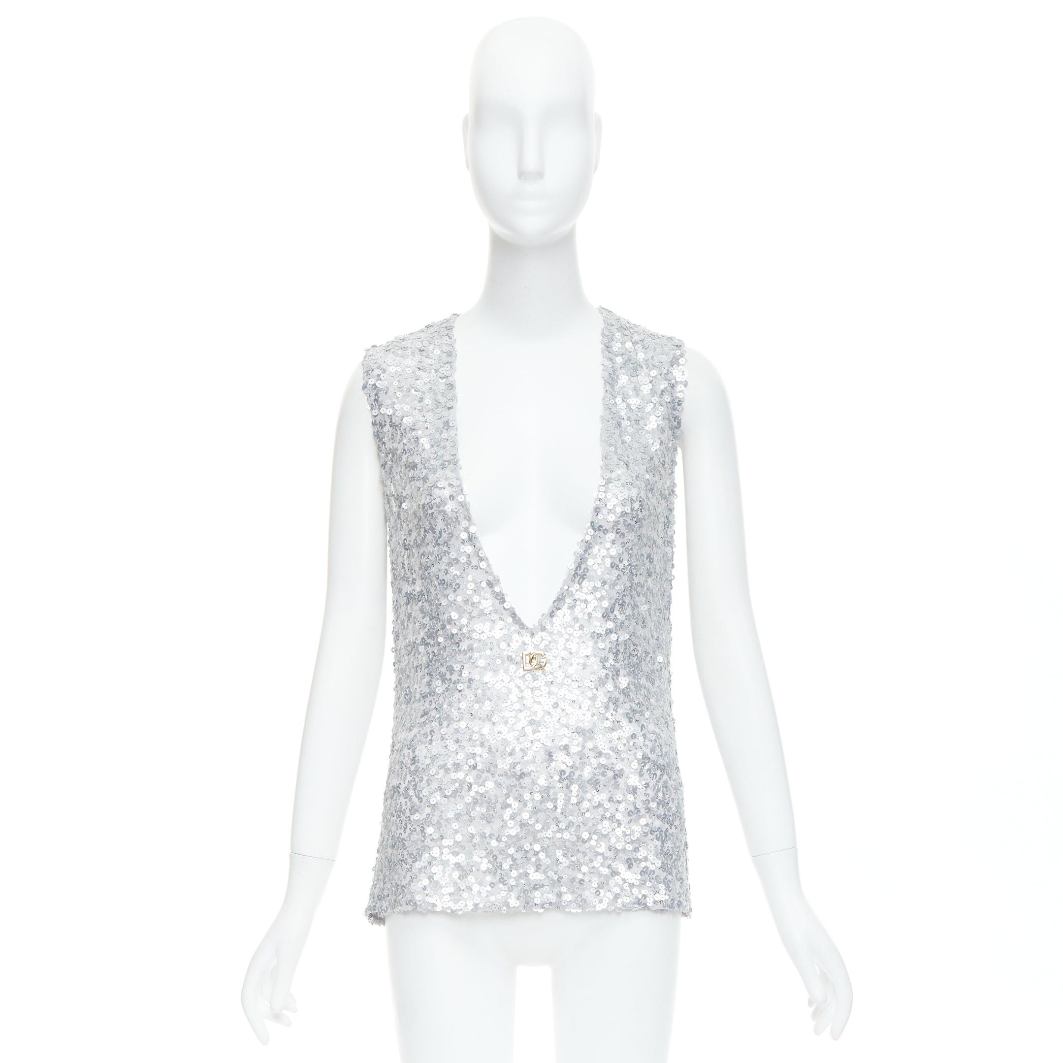 Dolce & Gabbana DOLCE GABBANA 2022 Runway silver sequins DG charm plunge neck top IT36 XXS Size XS / US 0-2 / IT 36-38 - 9 Thumbnail