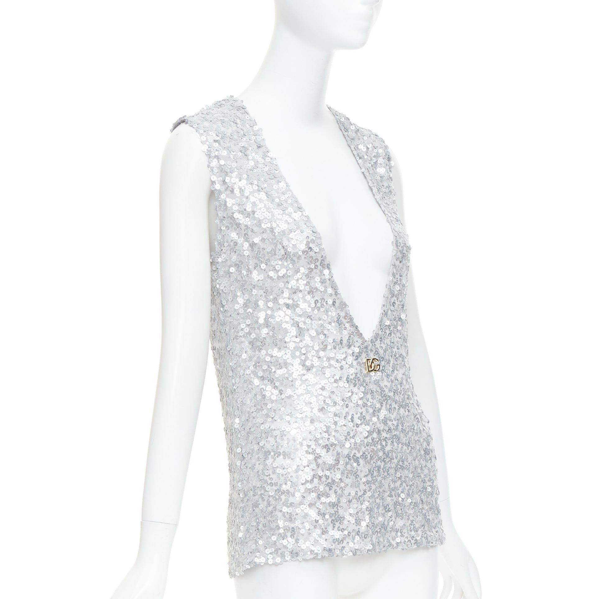 Dolce & Gabbana DOLCE GABBANA 2022 Runway silver sequins DG charm plunge neck top IT36 XXS Size XS / US 0-2 / IT 36-38 - 3 Thumbnail