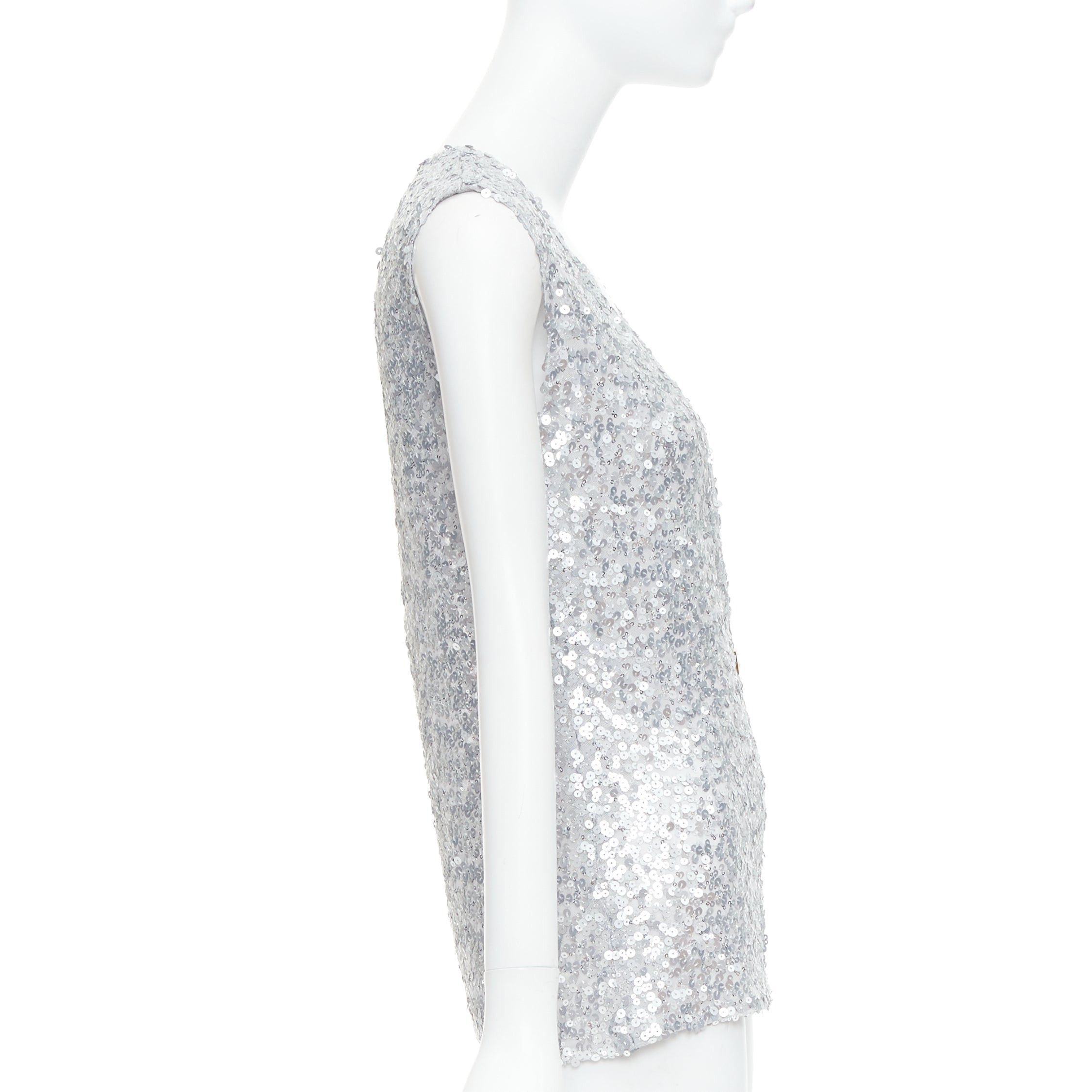 Dolce & Gabbana DOLCE GABBANA 2022 Runway silver sequins DG charm plunge neck top IT36 XXS Size XS / US 0-2 / IT 36-38 - 4 Thumbnail