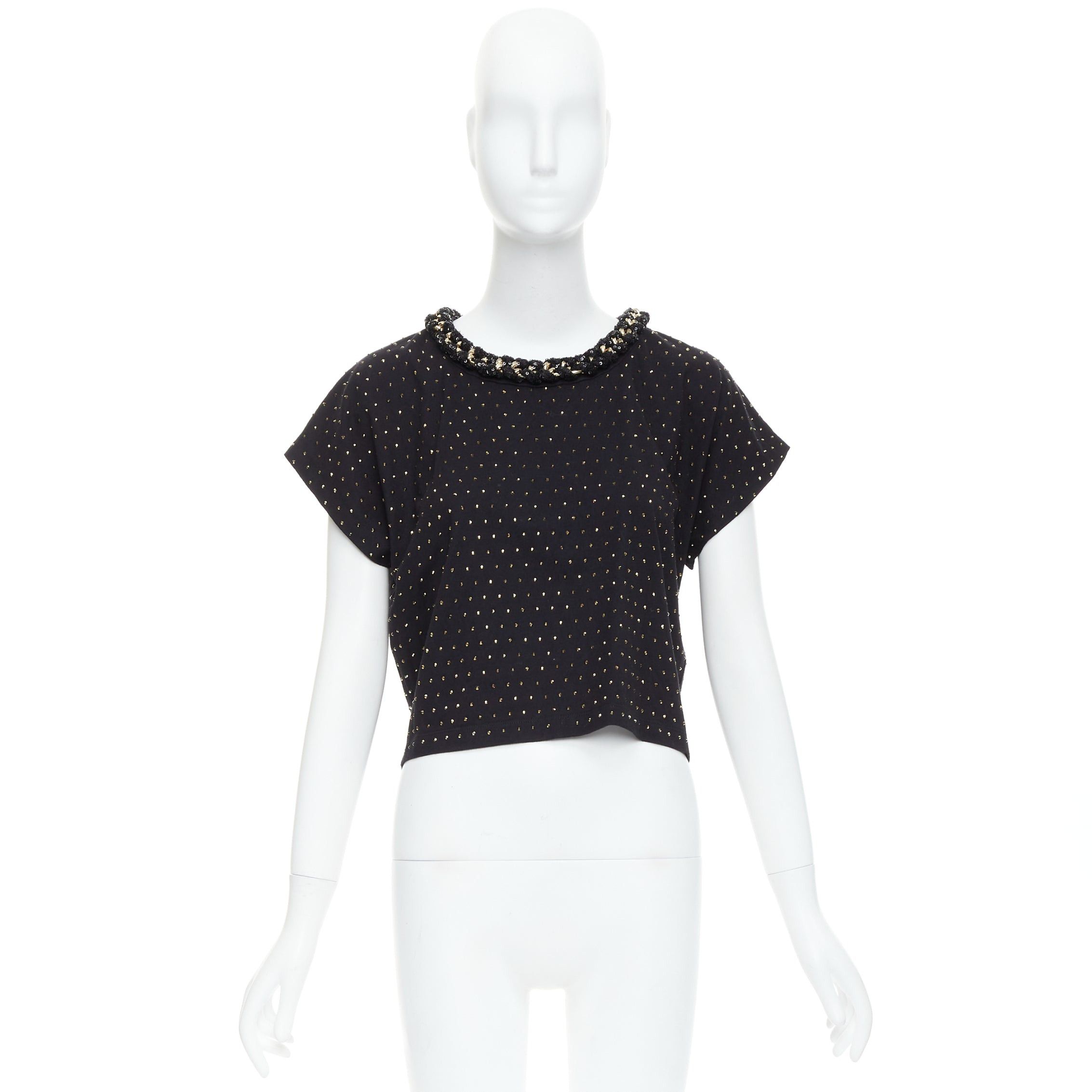 Balmain BALMAIN gold crystal rhinestone chain embellished black crop tshirt XS Size S / US 4 / IT 40 - 9 Thumbnail