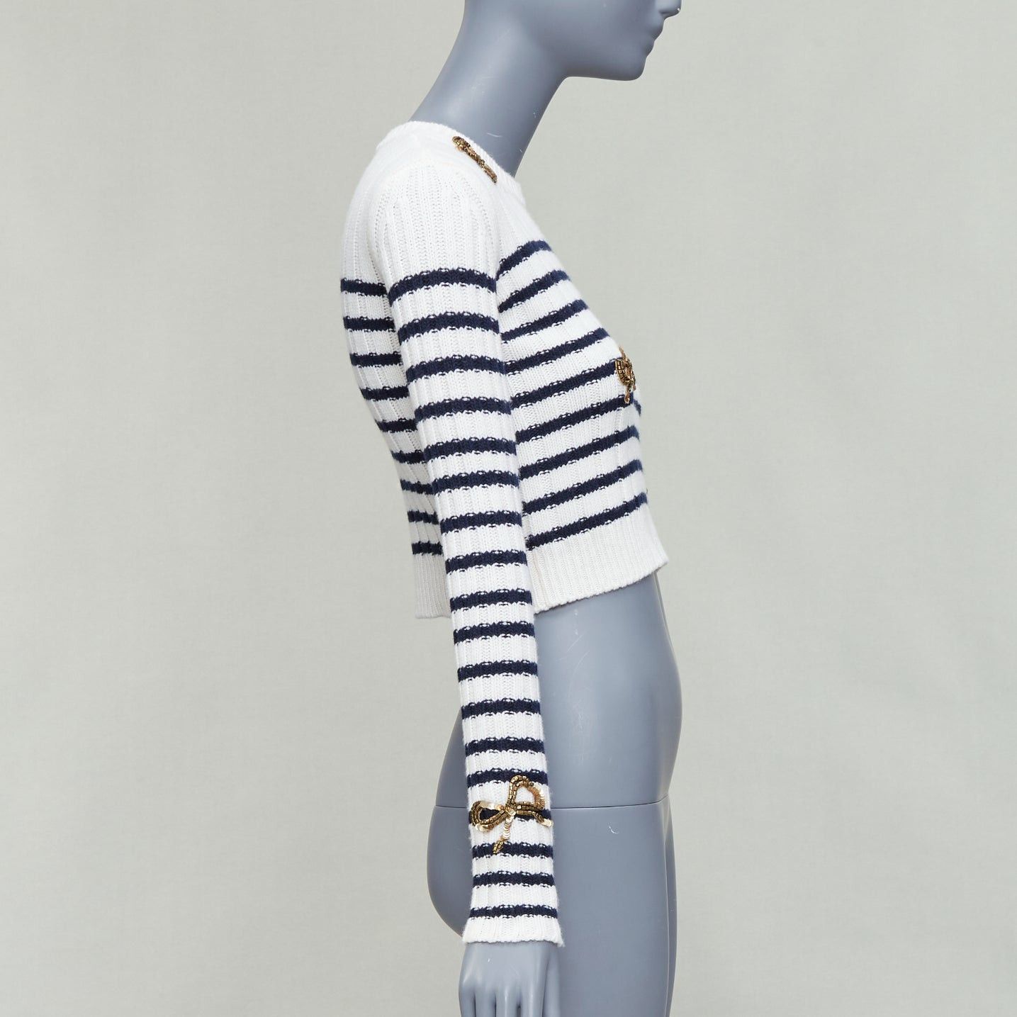 Valentino VALENTINO 2023 cream virgin wool gold sequin ribbon striped crop sweater XS Size S / US 4 / IT 40 - 4 Thumbnail