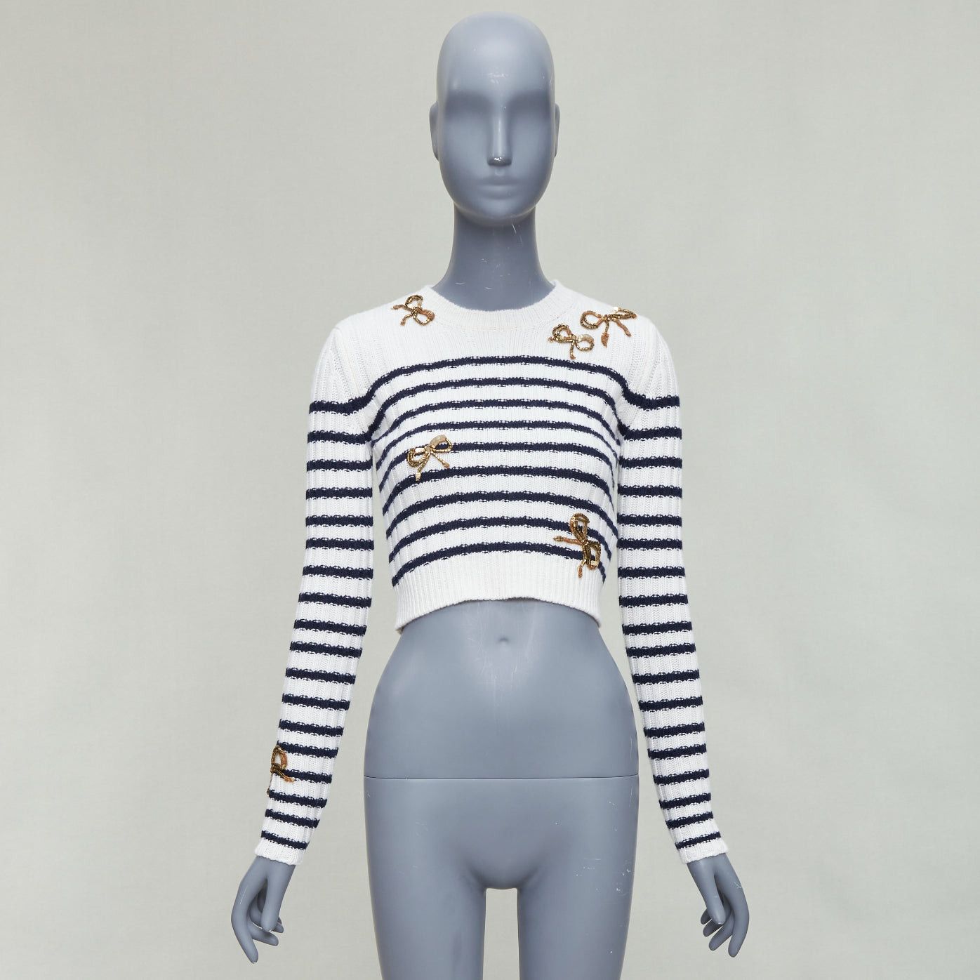 Valentino VALENTINO 2023 cream virgin wool gold sequin ribbon striped crop sweater XS Size S / US 4 / IT 40 - 9 Thumbnail