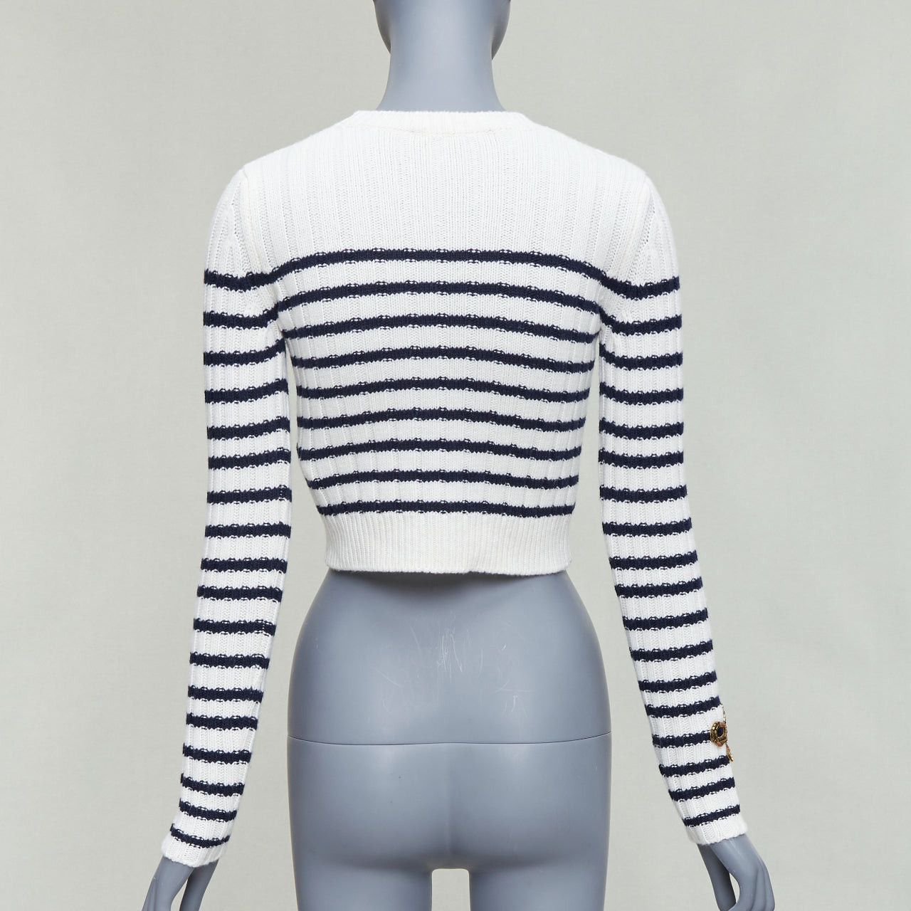 Valentino VALENTINO 2023 cream virgin wool gold sequin ribbon striped crop sweater XS Size S / US 4 / IT 40 - 5 Thumbnail