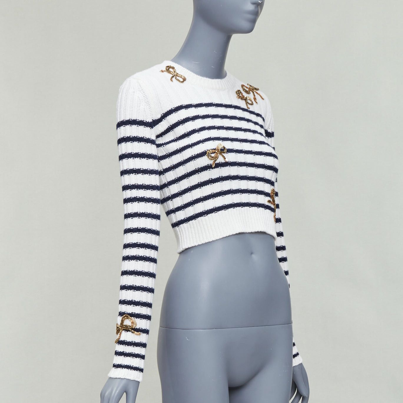 Valentino VALENTINO 2023 cream virgin wool gold sequin ribbon striped crop sweater XS Size S / US 4 / IT 40 - 3 Thumbnail