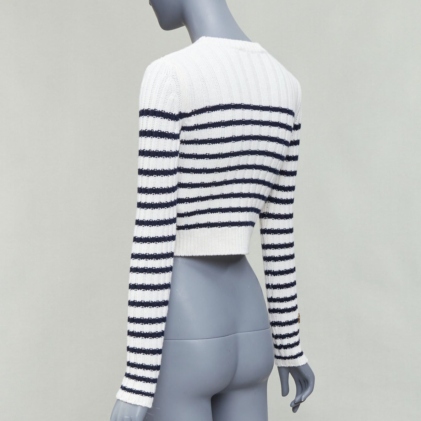 Valentino VALENTINO 2023 cream virgin wool gold sequin ribbon striped crop sweater XS Size S / US 4 / IT 40 - 6 Thumbnail
