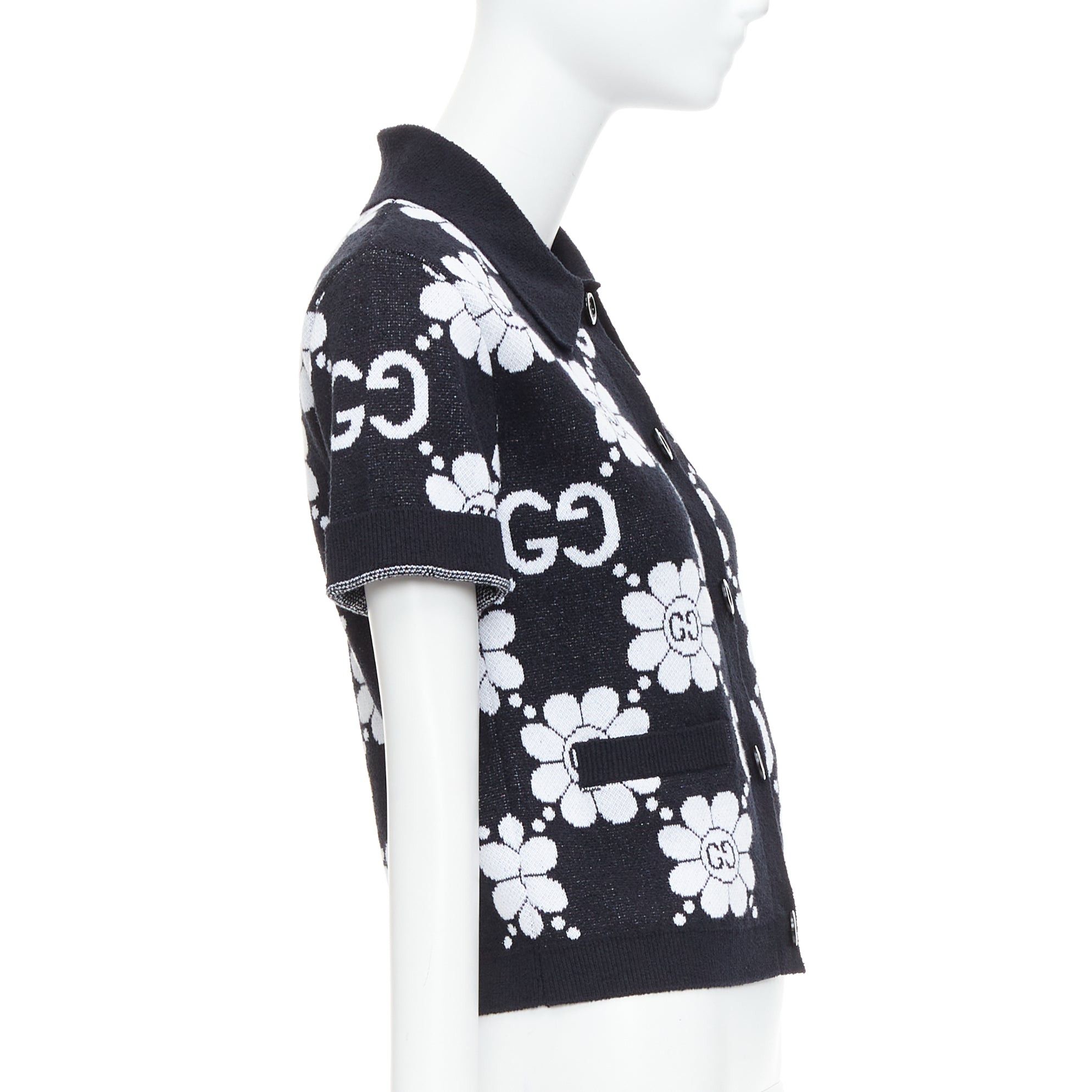Gucci GUCCI 2024 black white cotton blend floral daisy knit polo cardigan S Size S / US 4 / IT 40 - 5 Thumbnail