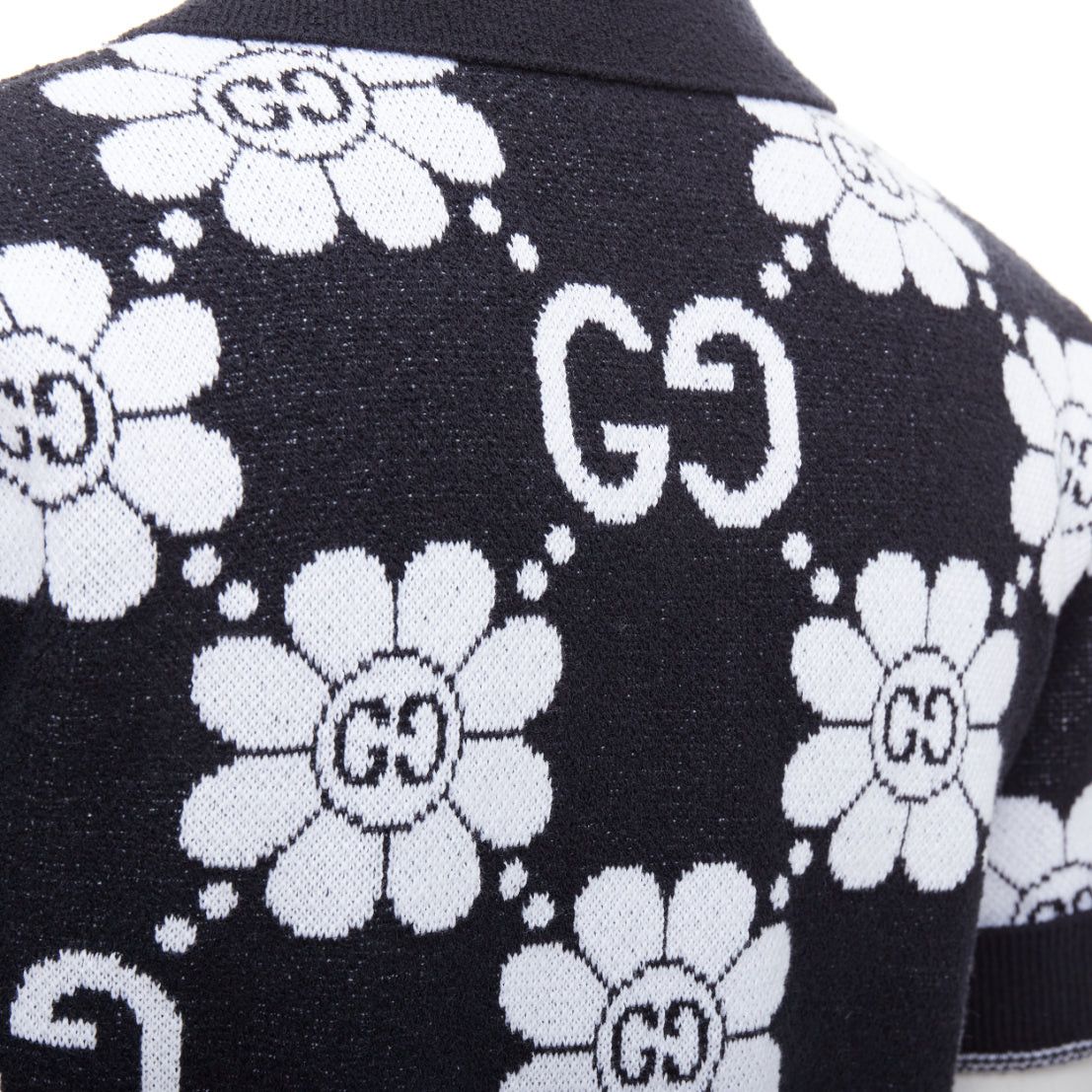 Gucci GUCCI 2024 black white cotton blend floral daisy knit polo cardigan S Size S / US 4 / IT 40 - 8 Thumbnail