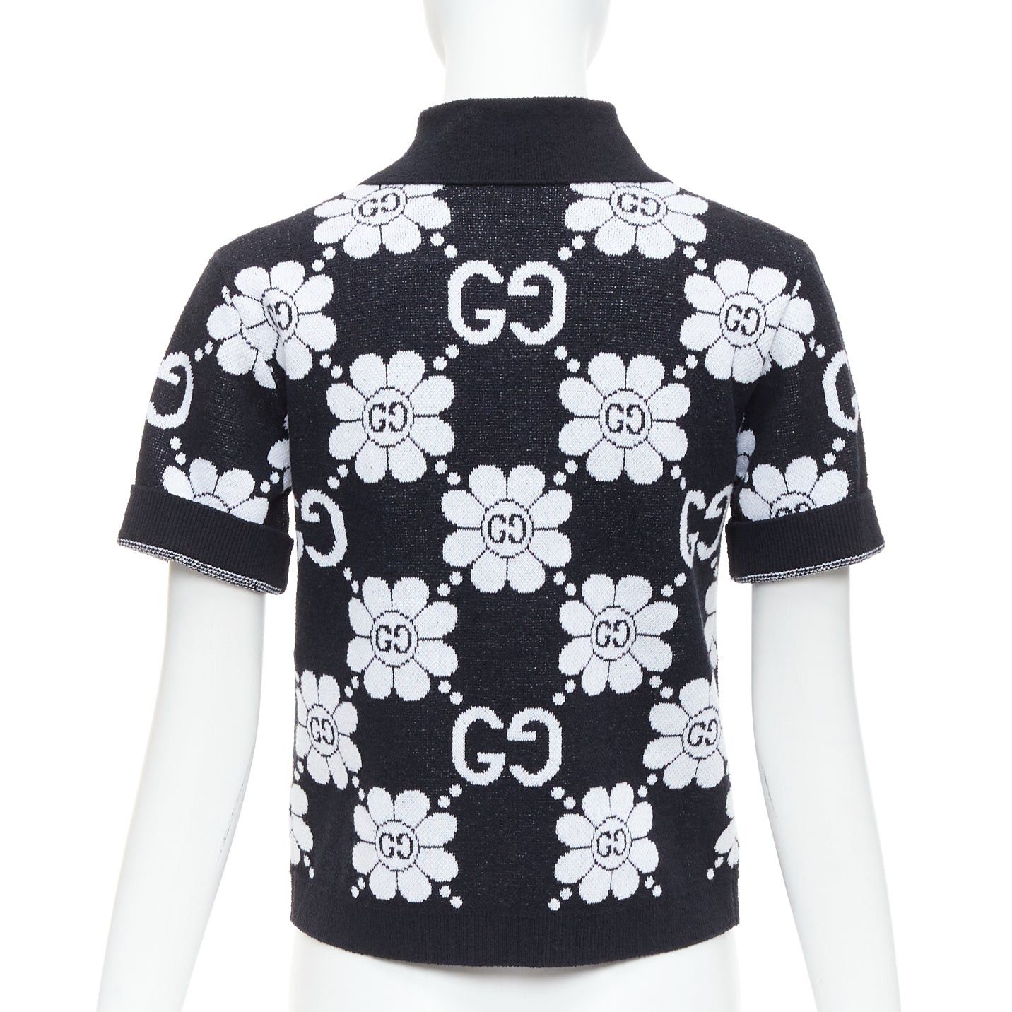 Gucci GUCCI 2024 black white cotton blend floral daisy knit polo cardigan S Size S / US 4 / IT 40 - 6 Thumbnail