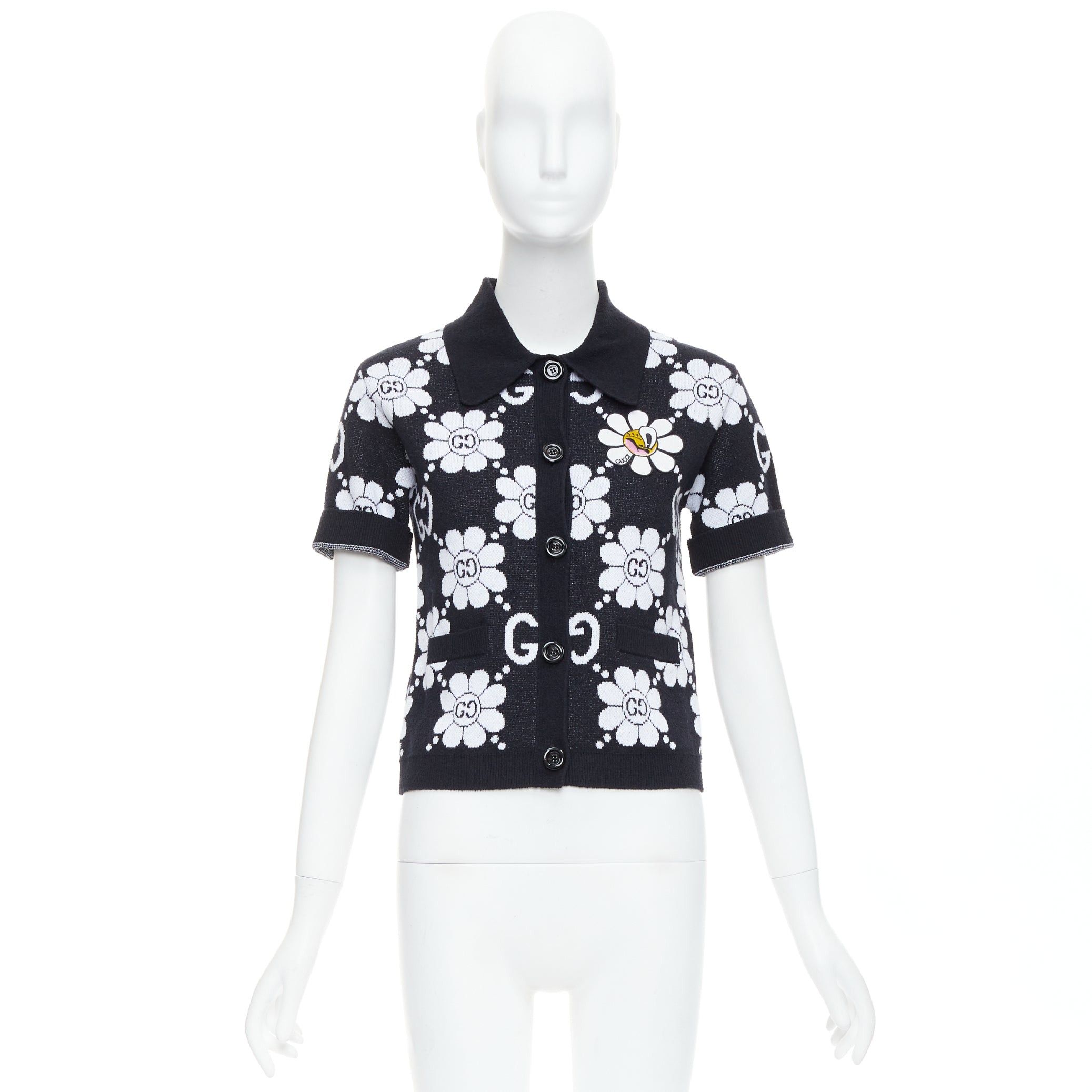 Gucci GUCCI 2024 black white cotton blend floral daisy knit polo cardigan S Size S / US 4 / IT 40 - 10 Thumbnail