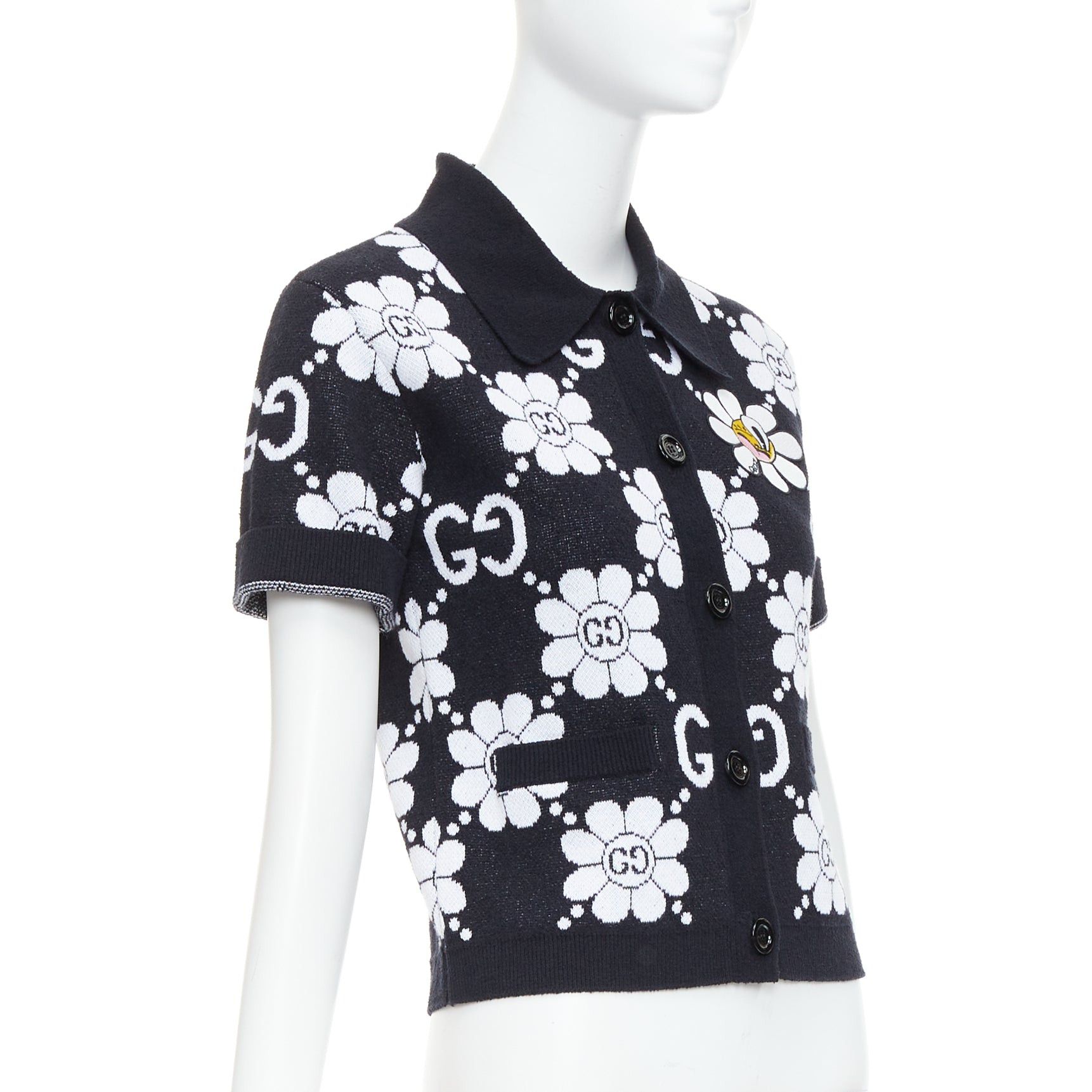 Gucci GUCCI 2024 black white cotton blend floral daisy knit polo cardigan S Size S / US 4 / IT 40 - 4 Thumbnail