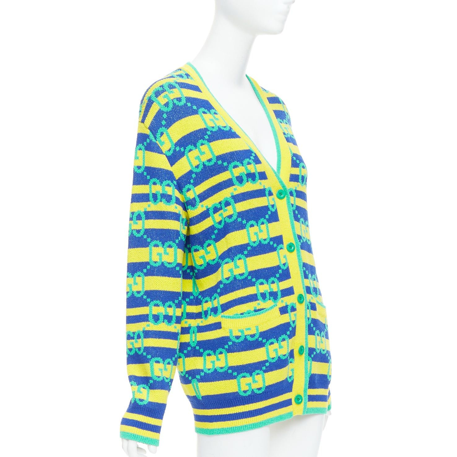 Gucci GUCCI green yellow blue GG monogram stripe cardigan XS Size S / US 4 / IT 40 - 4 Thumbnail