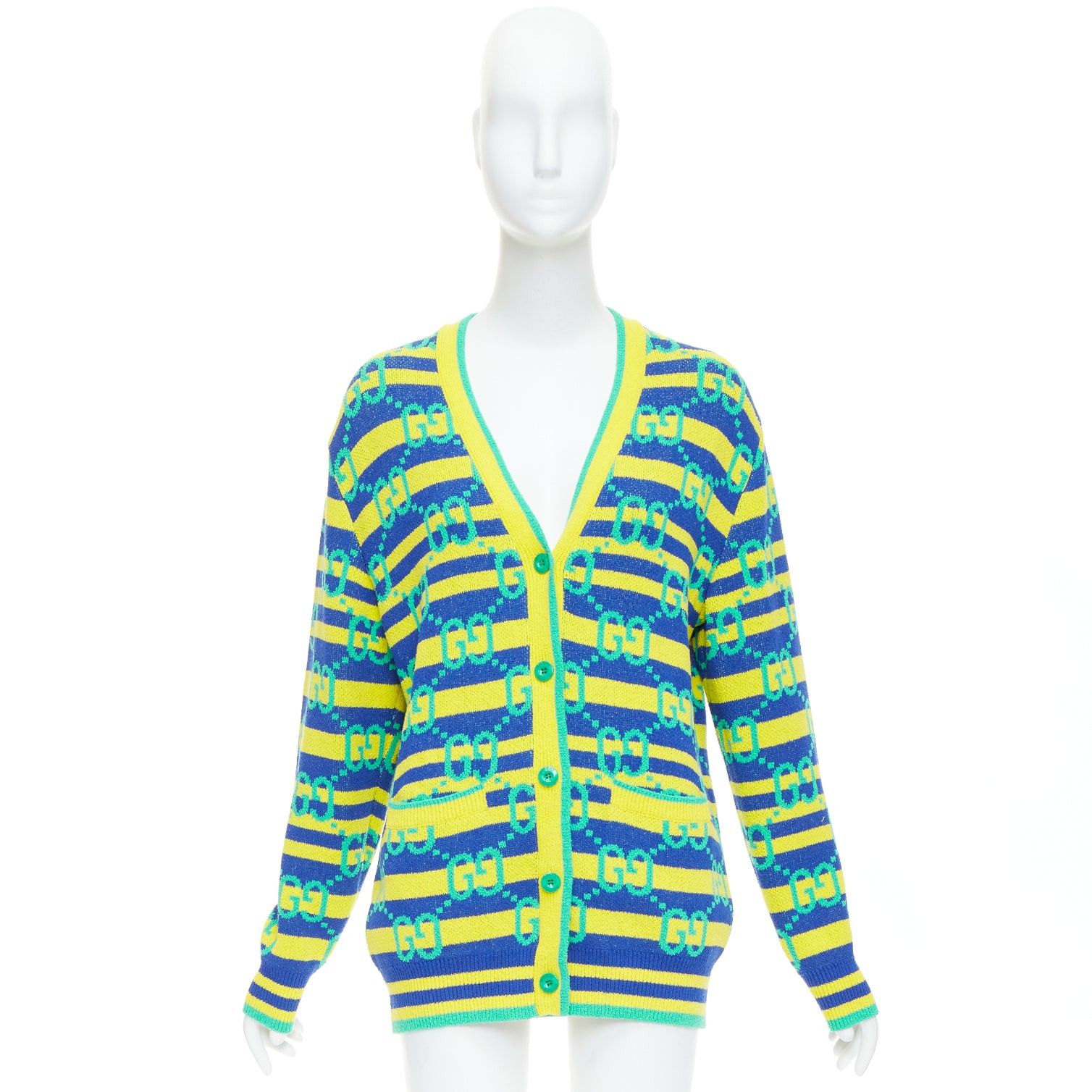 Gucci GUCCI green yellow blue GG monogram stripe cardigan XS Size S / US 4 / IT 40 - 10 Thumbnail