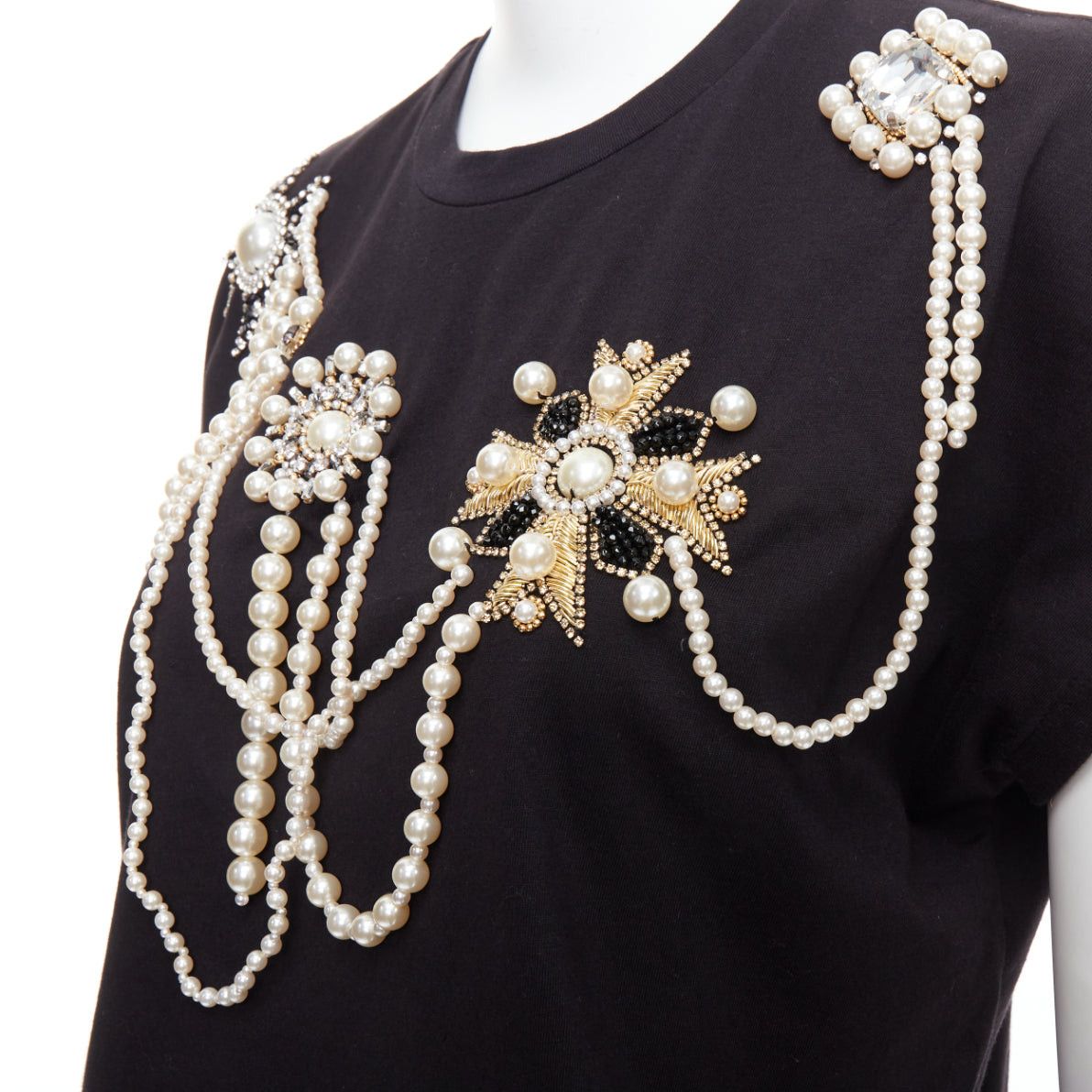 Balmain BALMAIN black cotton pearl bead embellished crop tshirt XS Size S / US 4 / IT 40 - 2 Thumbnail