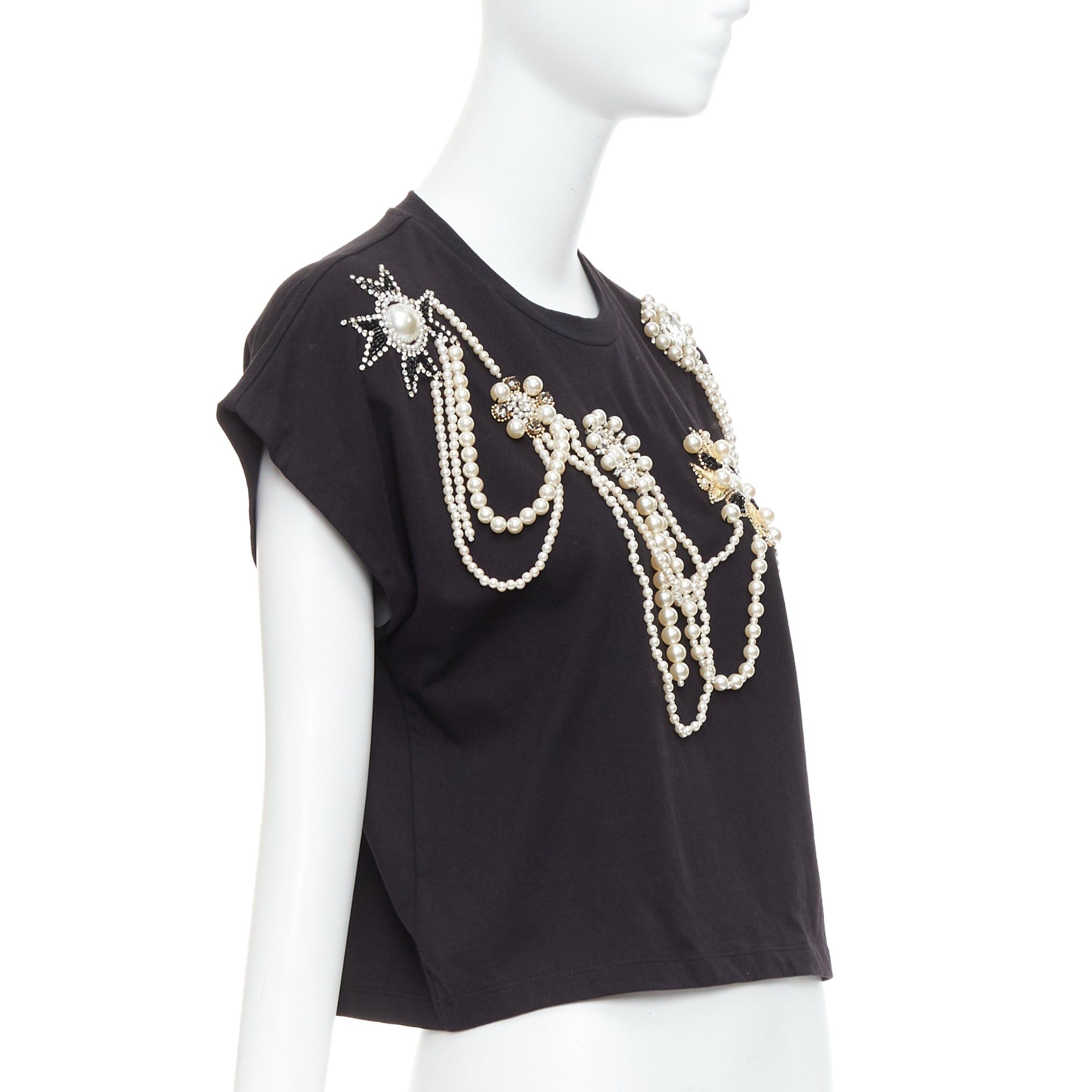 Balmain BALMAIN black cotton pearl bead embellished crop tshirt XS Size S / US 4 / IT 40 - 3 Thumbnail