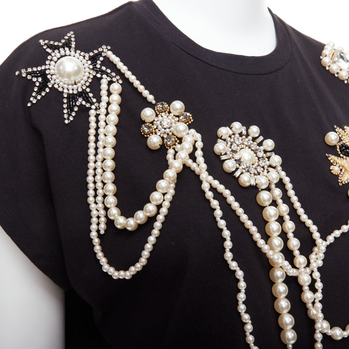 Balmain BALMAIN black cotton pearl bead embellished crop tshirt XS Size S / US 4 / IT 40 - 8 Thumbnail