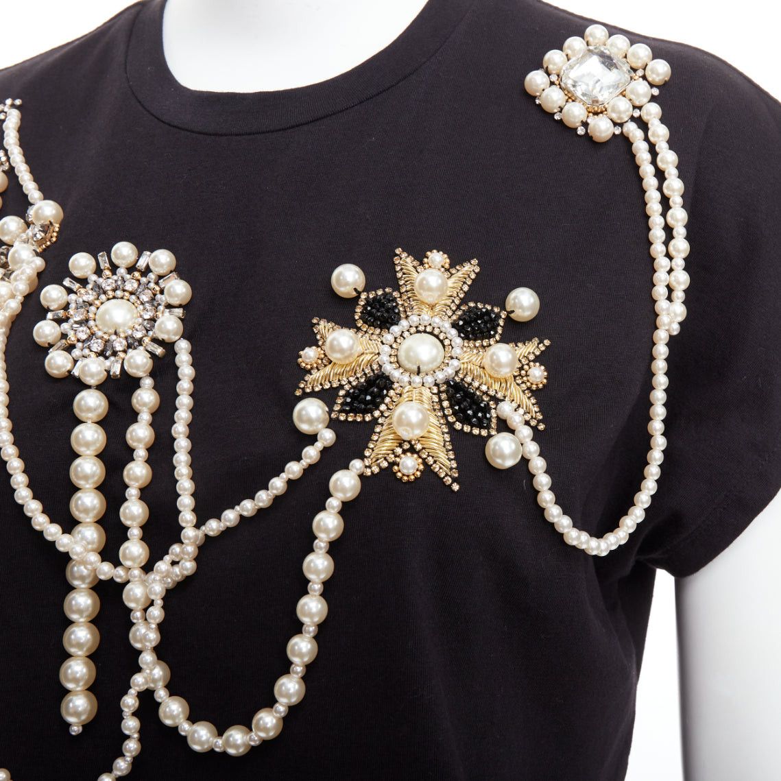 Balmain BALMAIN black cotton pearl bead embellished crop tshirt XS Size S / US 4 / IT 40 - 7 Thumbnail